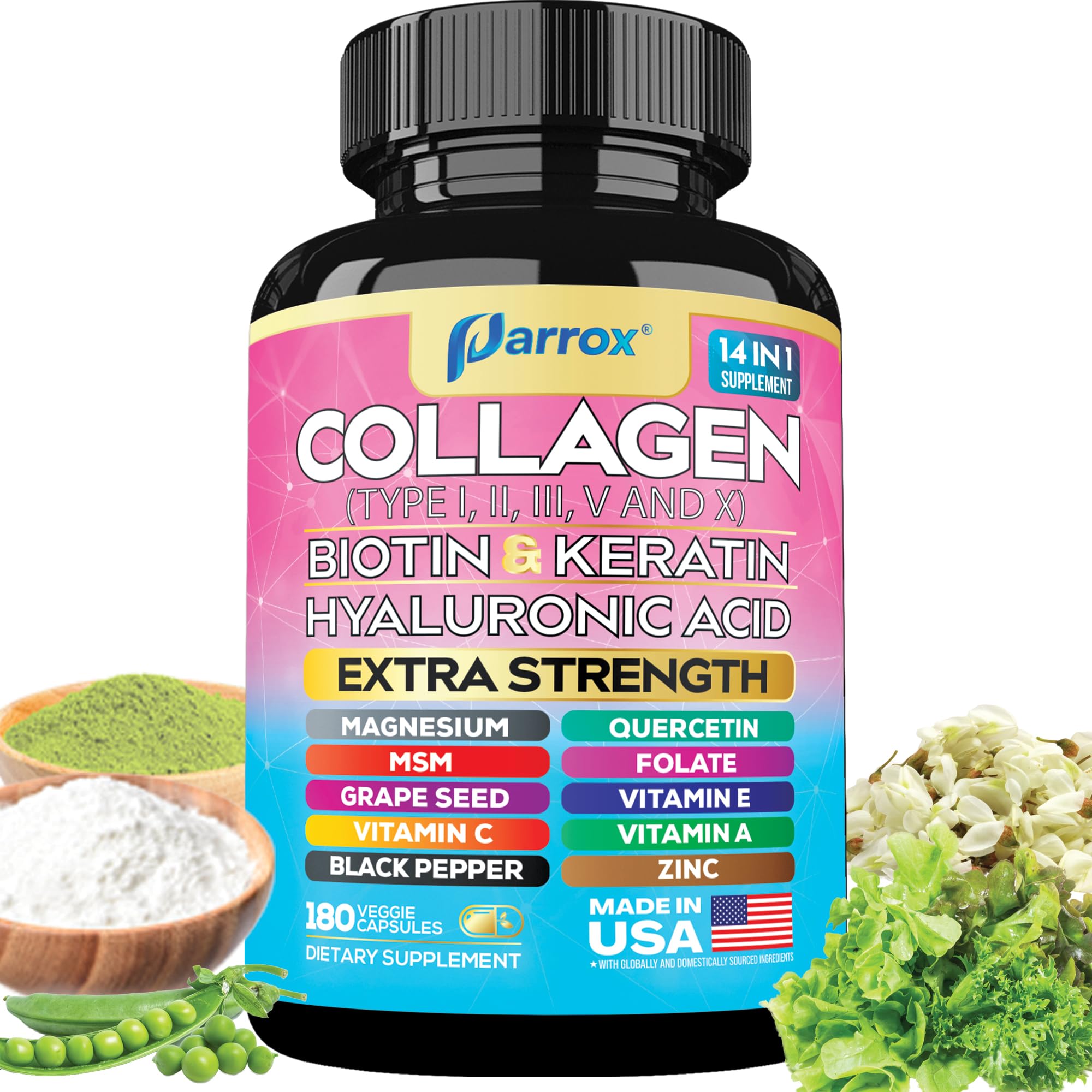 Collagen Peptides Types I, II, III, V & X, Biotin & Keratin, 270 Capsules | With Biotin, Keratin, Hyaluronic Acid, MSM, Zinc, Quercetin, Vitamins A, C, E, Magnesium & Folic Acida
