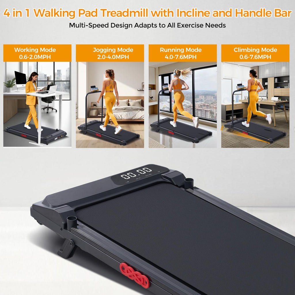 KASSADIN Electric Walking Pad Treadmill with Handle Bar Incline for Home