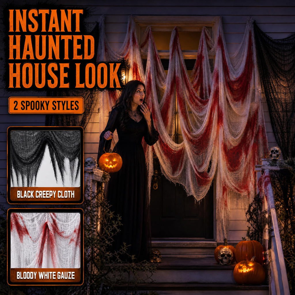 6Pcs Halloween Creepy Cloth 30×72inch, Scary Halloween Fabric Gauze, 2Pcs Blood 4Pcs Black Creepy Cloth for Yard, Doorway, Haunted House Party