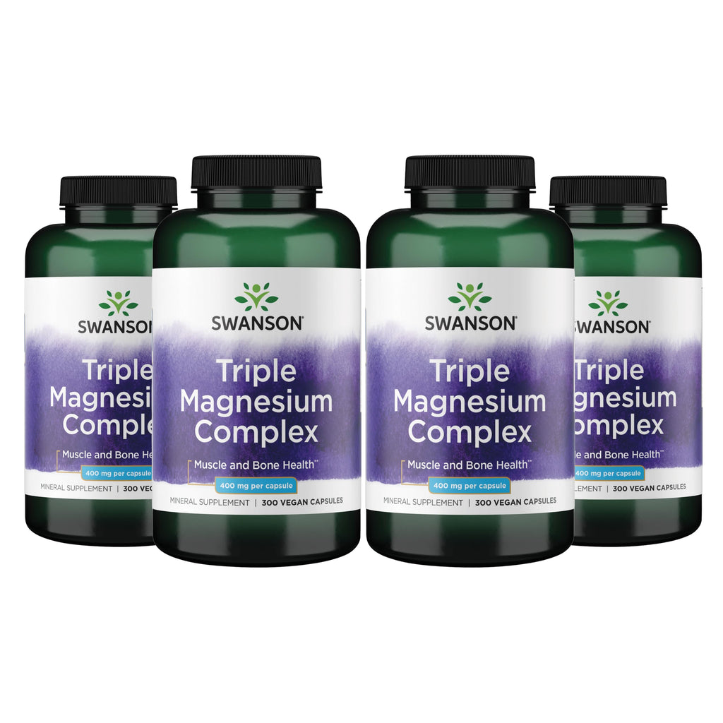 Swanson Triple Magnesium Complex 400 mg, 300 Vegan Capsules | Three Forms of Magnesium for Nerve, Muscle and Bone Health, Optimal Absorption and Healthy Stress Response