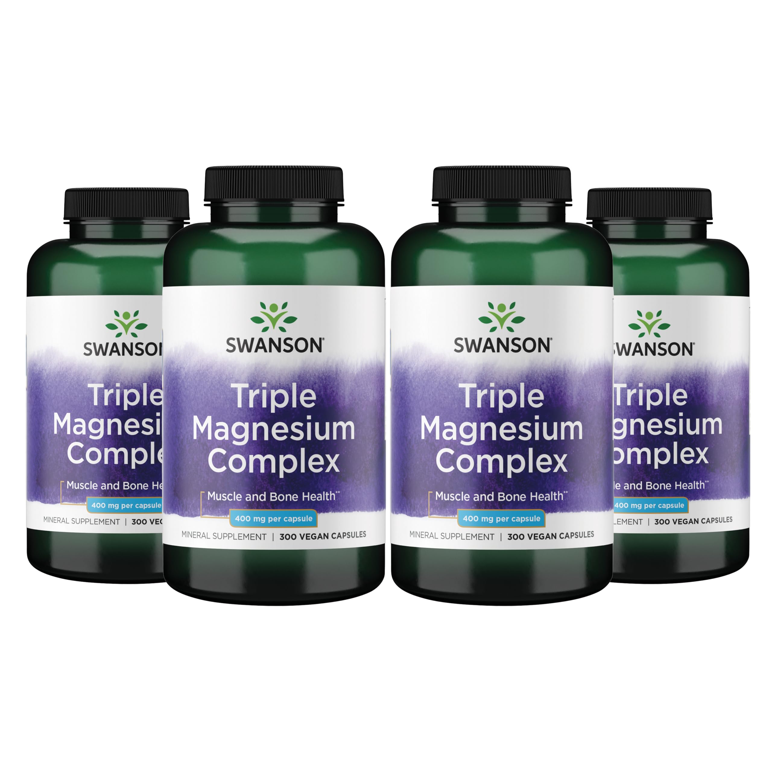 Swanson Triple Magnesium Complex 400 mg, 300 Vegan Capsules | Three Forms of Magnesium for Nerve, Muscle and Bone Health, Optimal Absorption and Healthy Stress Response