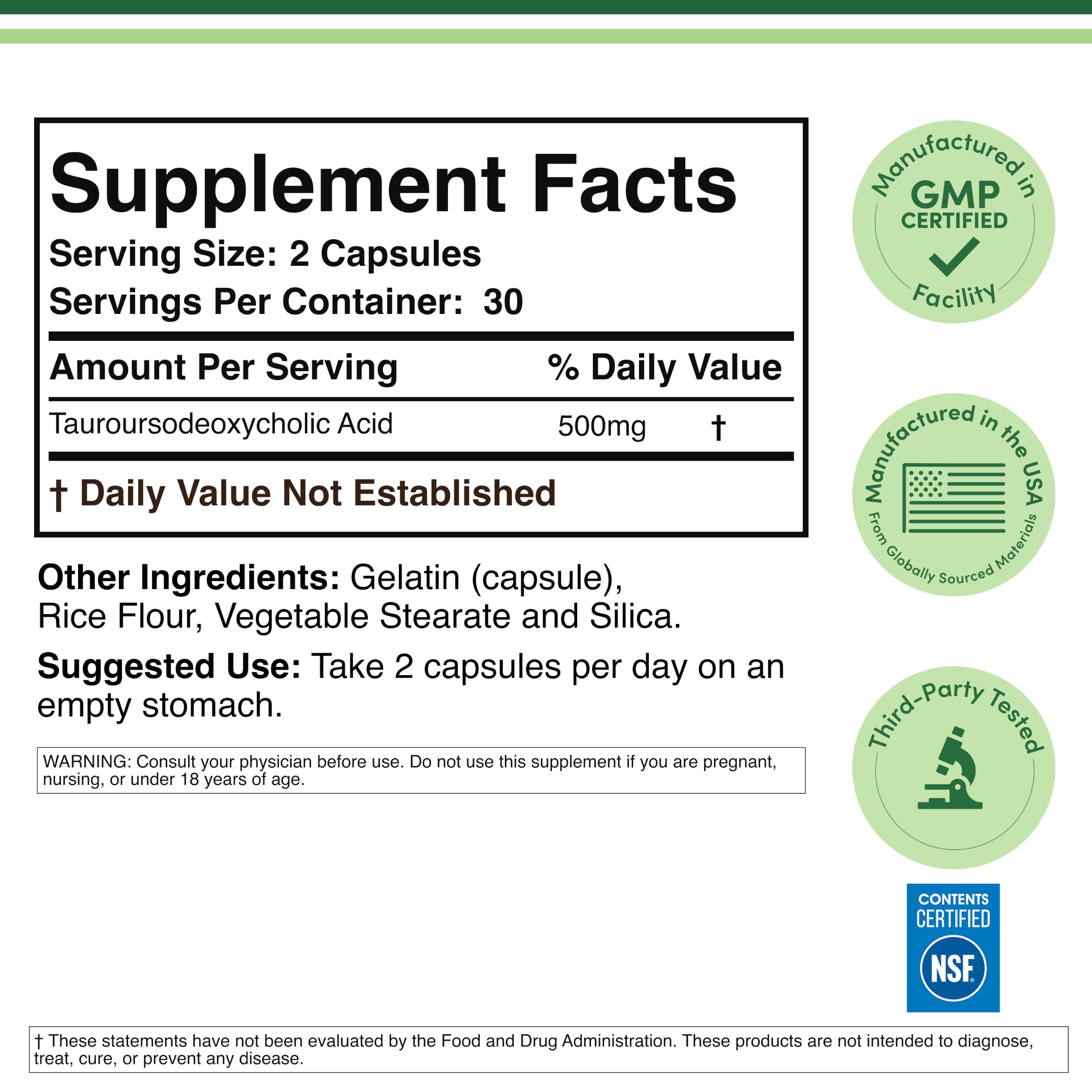 TUDCA Bile Salts 500mg, Digestion, Gallbladder + Liver Support, 60 Capsules | Bile Flow + Post-Cholecystectomy Support, Genuine Bile Acid TUDCA, Authentic Bitter Taste, 250mg per Cap, Third-Party Tested