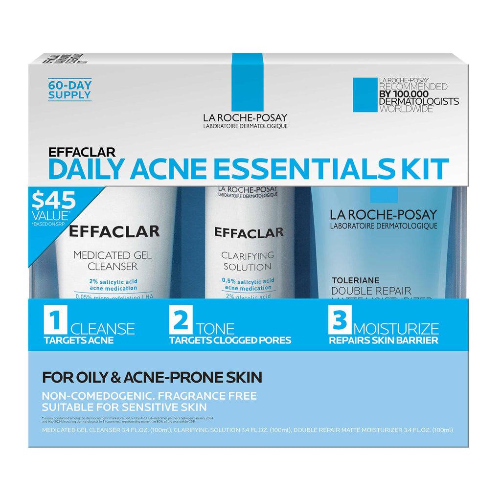 La Roche-Posay Effaclar Daily Acne Kit with Cleanser, Toner & Moisturizer | Salicylic acid acne cleanser, pore refining toner, and matte face moisturizer for oily and combination skin. Oil-free.