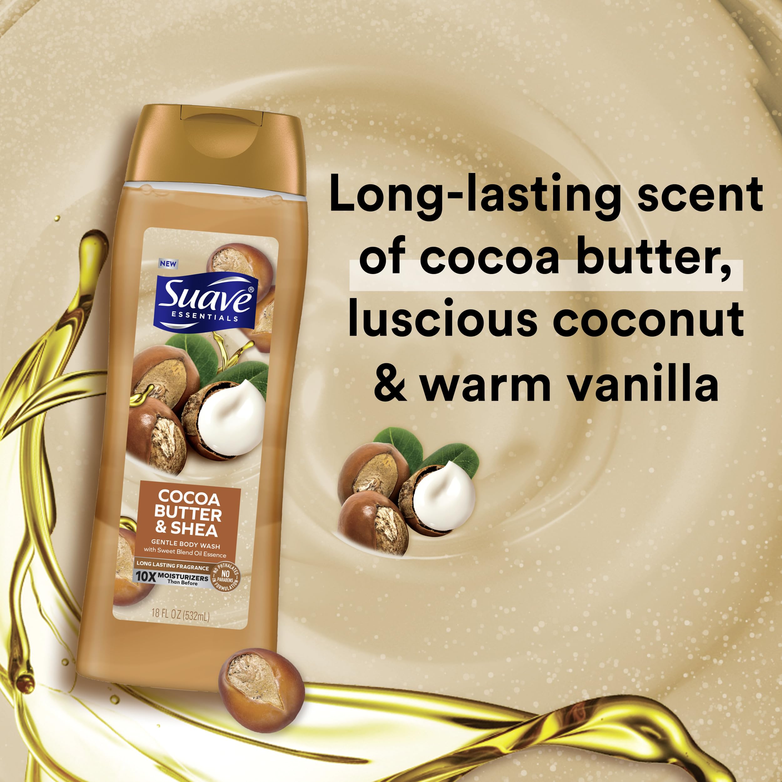 Suave Moisturizing Body Wash, Cocoa Butter and Shea with Vitamin E Extract, No Parabens, No Phtahaltes, 18 Oz (Pack of 12)