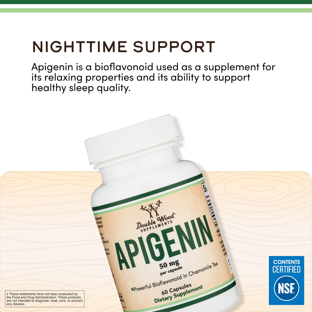 Apigenin 50mg, Chamomile Flavonoid, Daily Sleep + Relaxation, 60 Capsules | Daily Non-Habit-Forming Supplement for Calm + Restful Sleep, Hormonal Balance Support, 2-Month Supply, Third-Party Tested