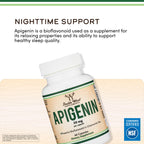 Apigenin 50mg, Chamomile Flavonoid, Daily Sleep + Relaxation, 60 Capsules | Daily Non-Habit-Forming Supplement for Calm + Restful Sleep, Hormonal Balance Support, 2-Month Supply, Third-Party Tested