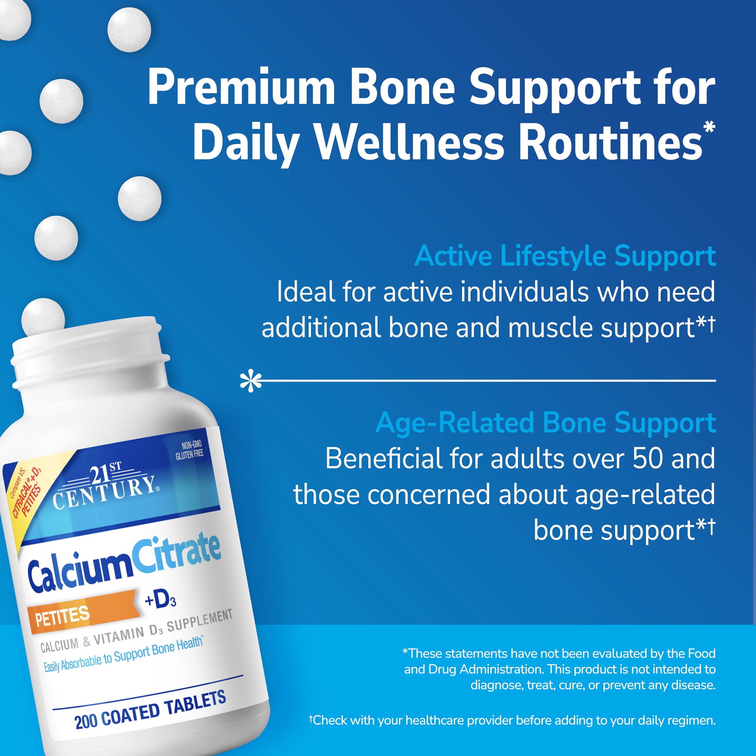 21st Century Calcium Citrate + D3 Petites, Easy to Swallow, 200 Count | Highly Absorbable Calcium Citrate with Vitamin D3, Compare VS. Citracal® +D3 Petites, Bone Strength & Density Support