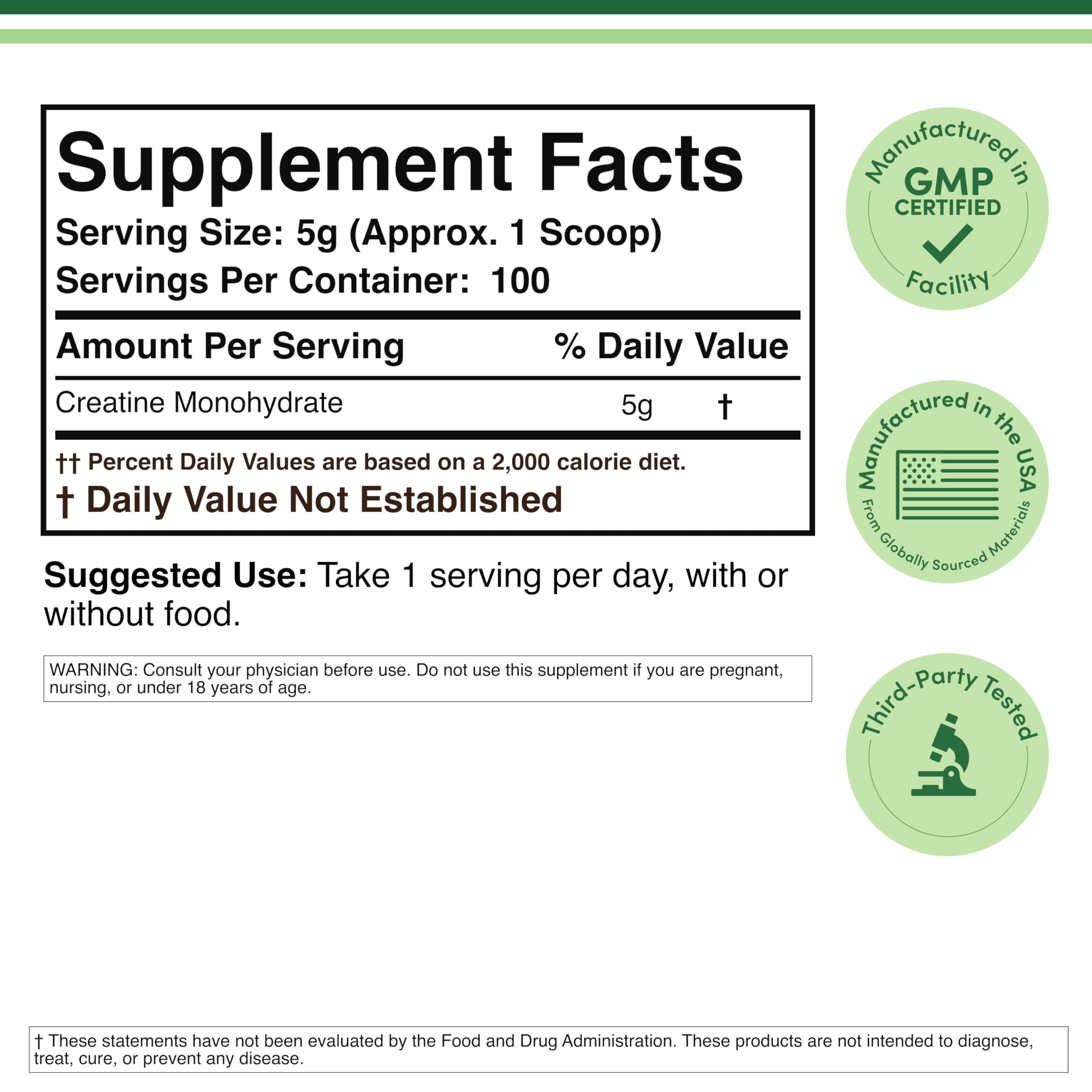 Micronized Creatine Monohydrate 5g, Unflavored, No Fillers, 100 Servings | Strength + Recovery Supplement, Micronized, Dissolves Clean, Vegan, Keto + Gluten-Free, No Blends, Scoop Included