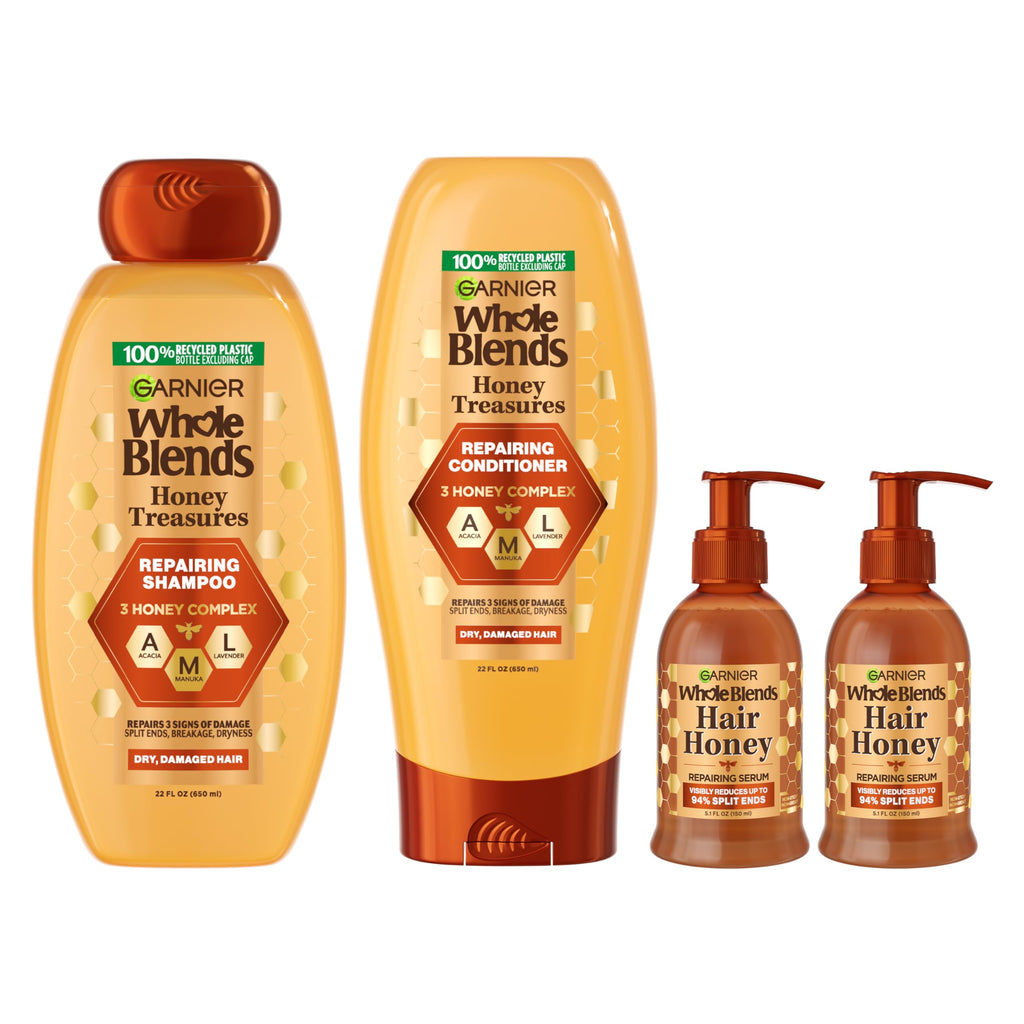 Garnier Whole Blends Honey Treasures Repairing Shampoo and Conditioner Set for Dry, Damaged Hair, 22 Fl Oz (2 Items), 1 Kit (Packaging May Vary)
