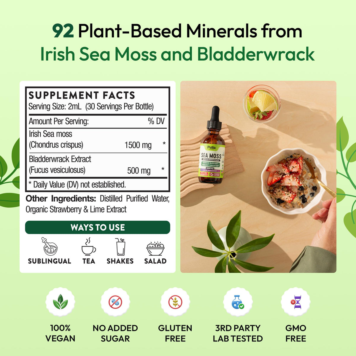Pella Nutrition Sea Moss Drops with Bladderwrack - Strawberry Lime, 60 mL