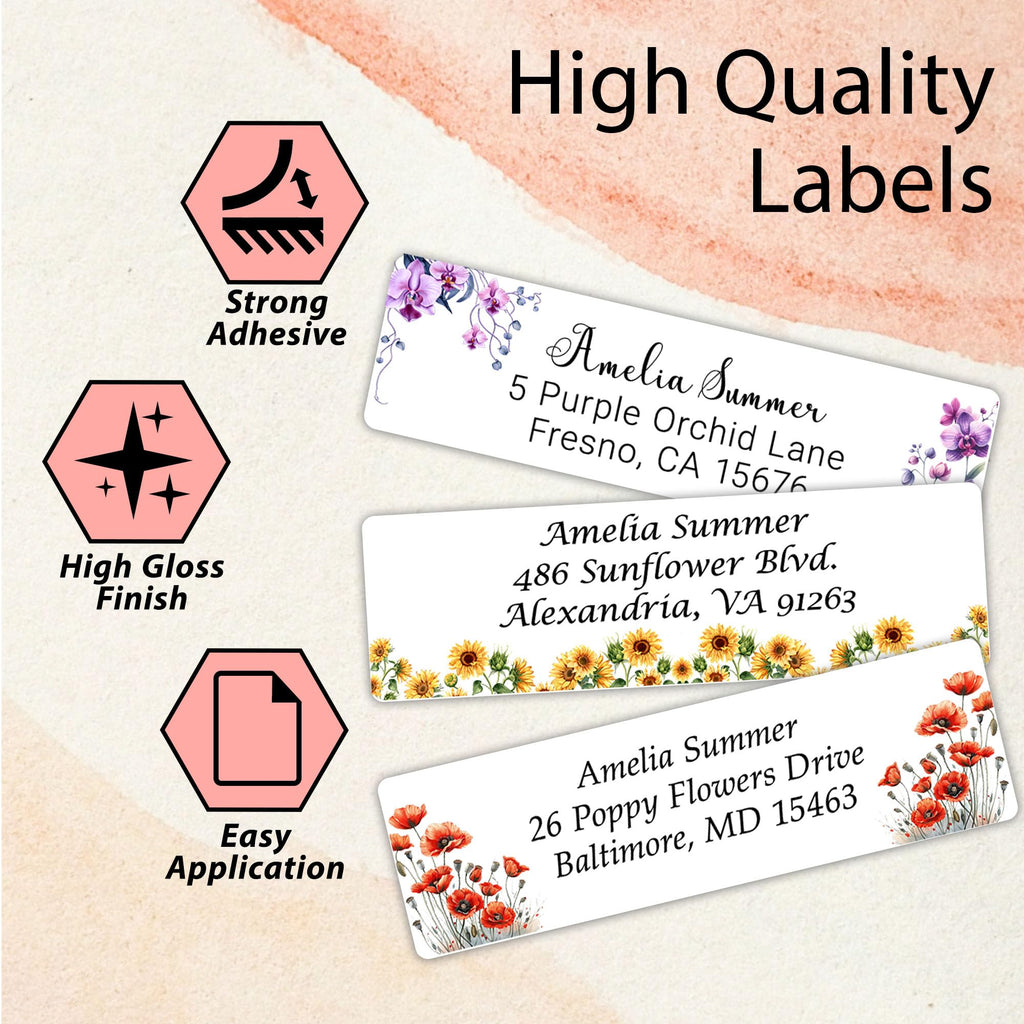 Personalized Return Address Labels Floral - High Gloss Custom Mailing Labels on Sheets - Self-Adhesive Return Stickers for Envelopes with Crisp Printing Design (50-1000)