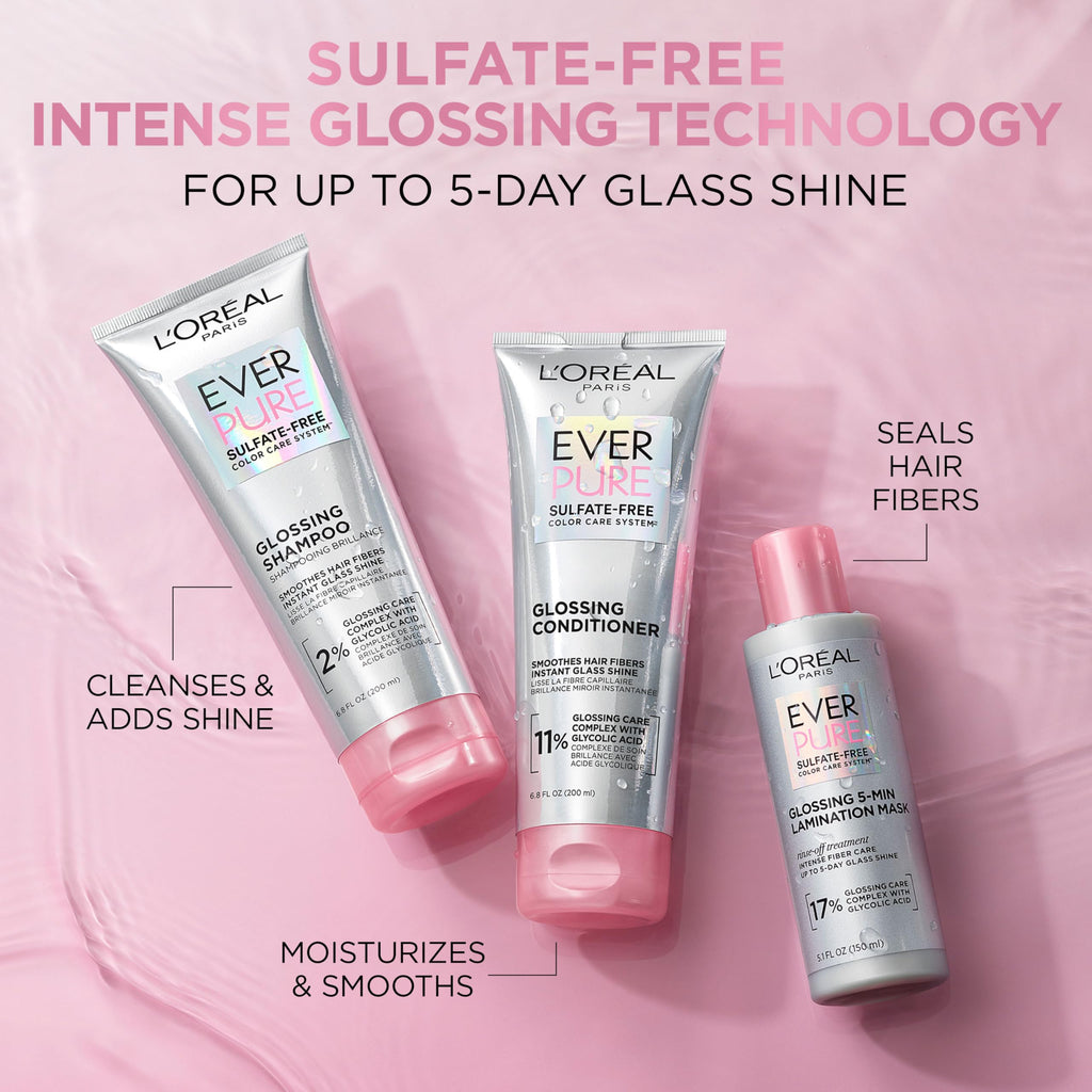 L'Oreal Paris Sulfate Free Glossing Lamination Hair Mask, 5-Minute Rinse-Off Hair Treatment with Glycolic Acid for Glass Shine, Smoothness & Soft Feel, Color Caring, EverPure, 5.1 Fl Oz