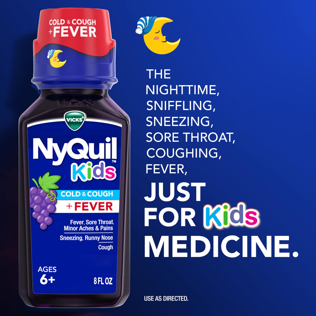Buy now VICKS DayQuil and NyQuil Kids Grape Cold & Cough + Fever Multi-Symptom Relief Liquid Co-Pack, Specially Formulated for Kids Ages 6+, 2x8 OZ at indiglob india