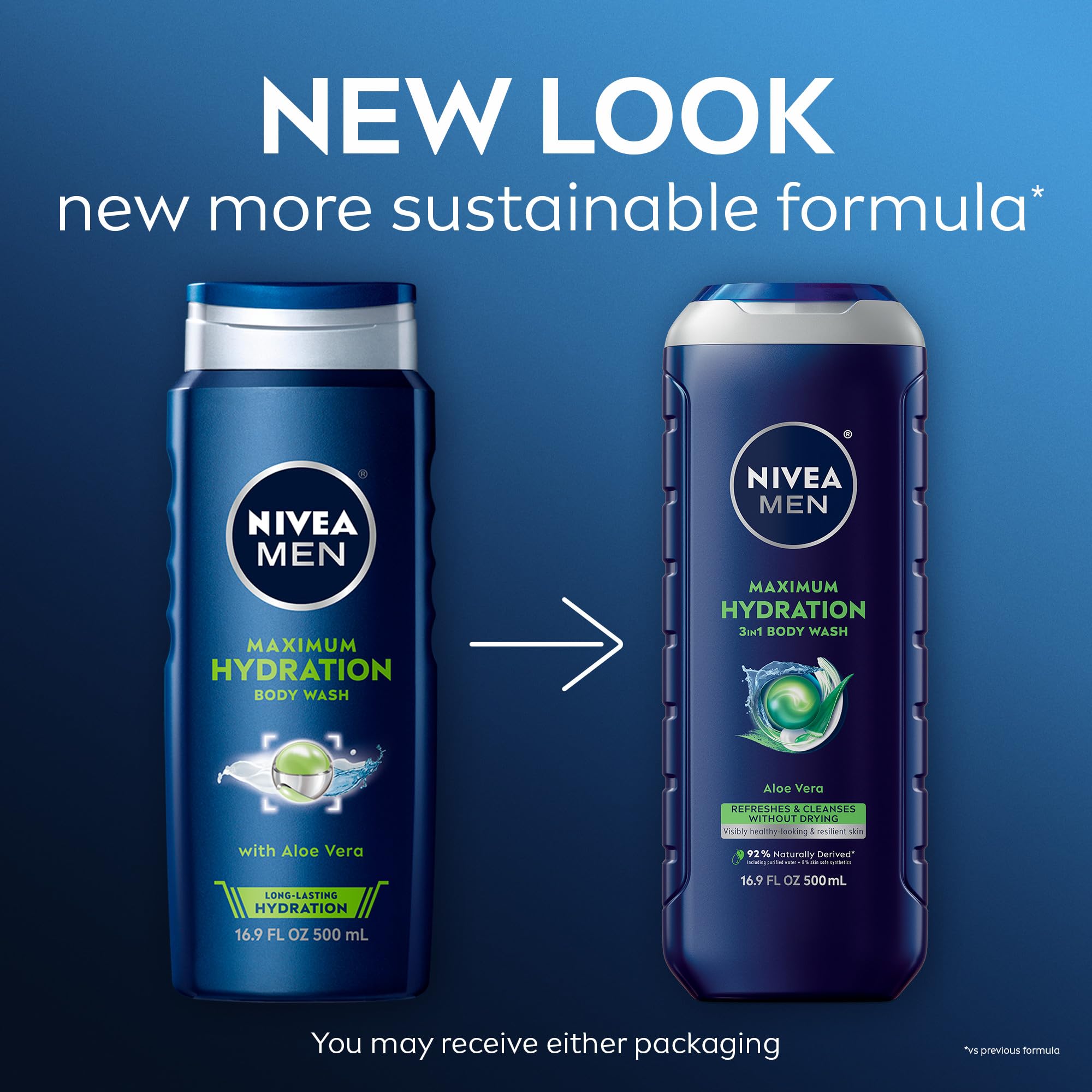 Buy now NIVEA MEN Maximum Hydration Body Wash for Dry Skin, Aloe Vera Enriched, 3-in-1 Moisturizing Body Wash, Face and Hair, Paraben Free, Vegan Formula, 16.9 Fl Oz Bottle, Pack of 3 at indiglob india