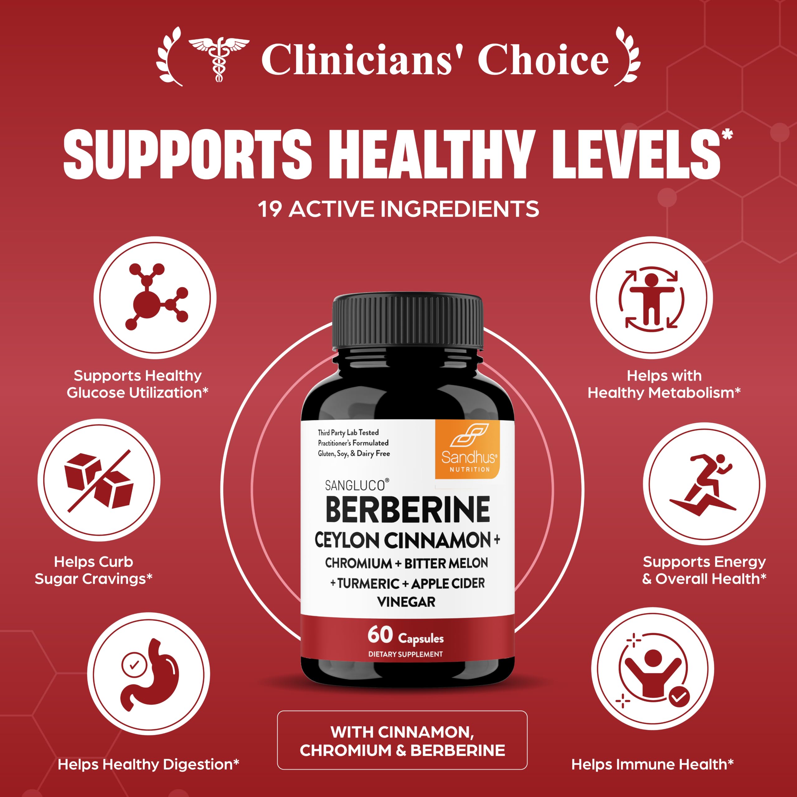 Sangluco Berberine Ceylon Cinnamon Chromium Turmeric Apple Cider Vinegar Bitter Melon Supplement | Supports Healthy Levels Already Within Normal Range | 180 Capsules