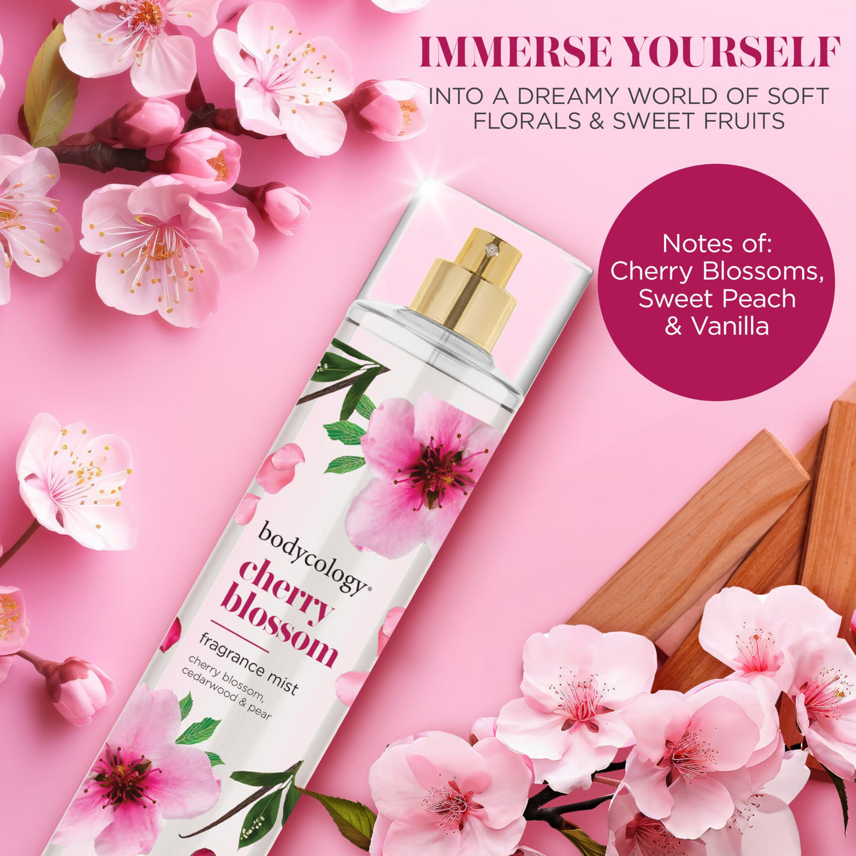 Discover Bodycology's Cherry Blossom fragrance mist. Authentic scent of blossoming cherry, sweet peach, and vanilla in a beautiful bottle.