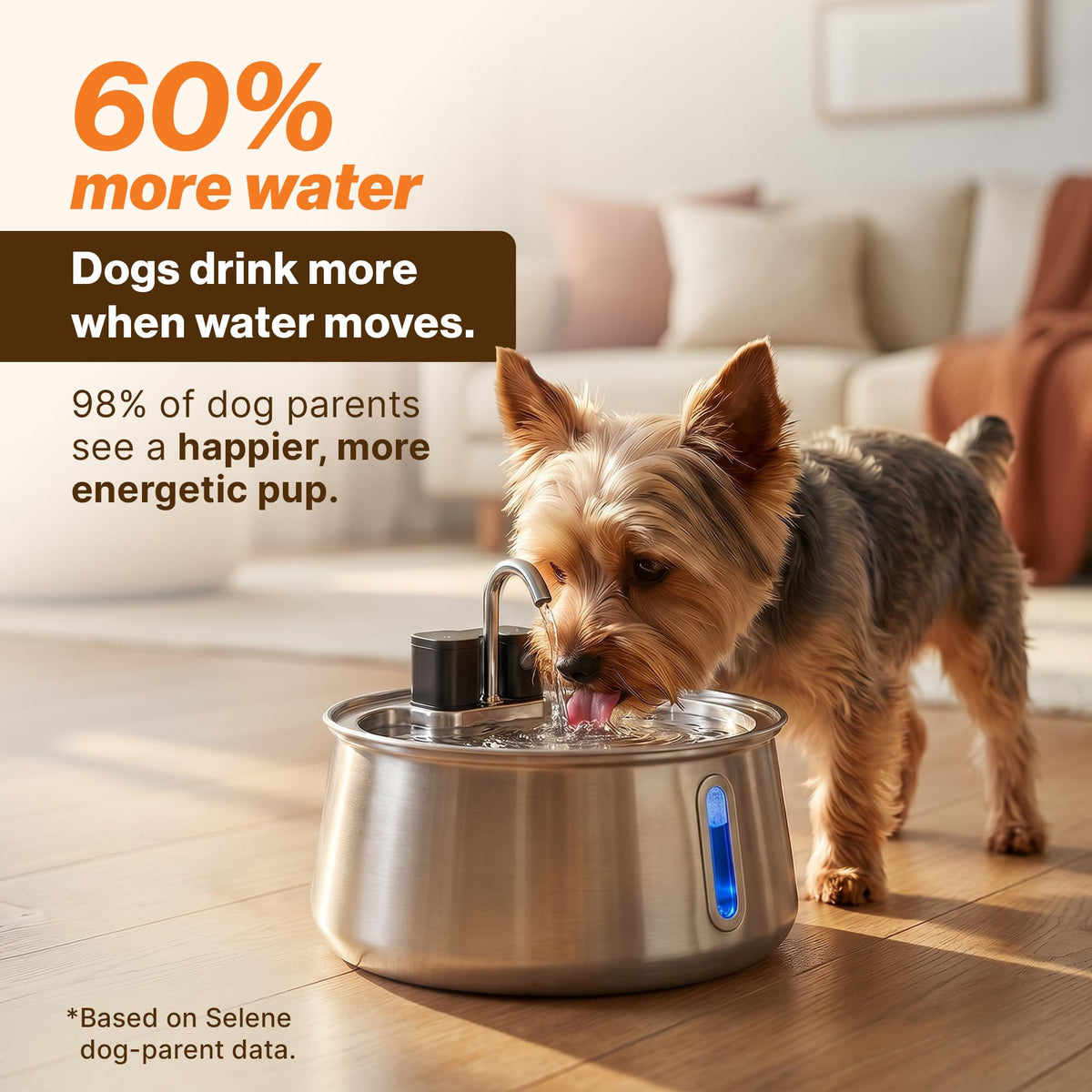 Selene Wireless Doggy Fountain, 4L (1.1 Gal) Cordless Dog Water Fountain for Dogs Inside, Stainless Steel Pet Fountain, 4-Layer Filtration, 30-Day Battery