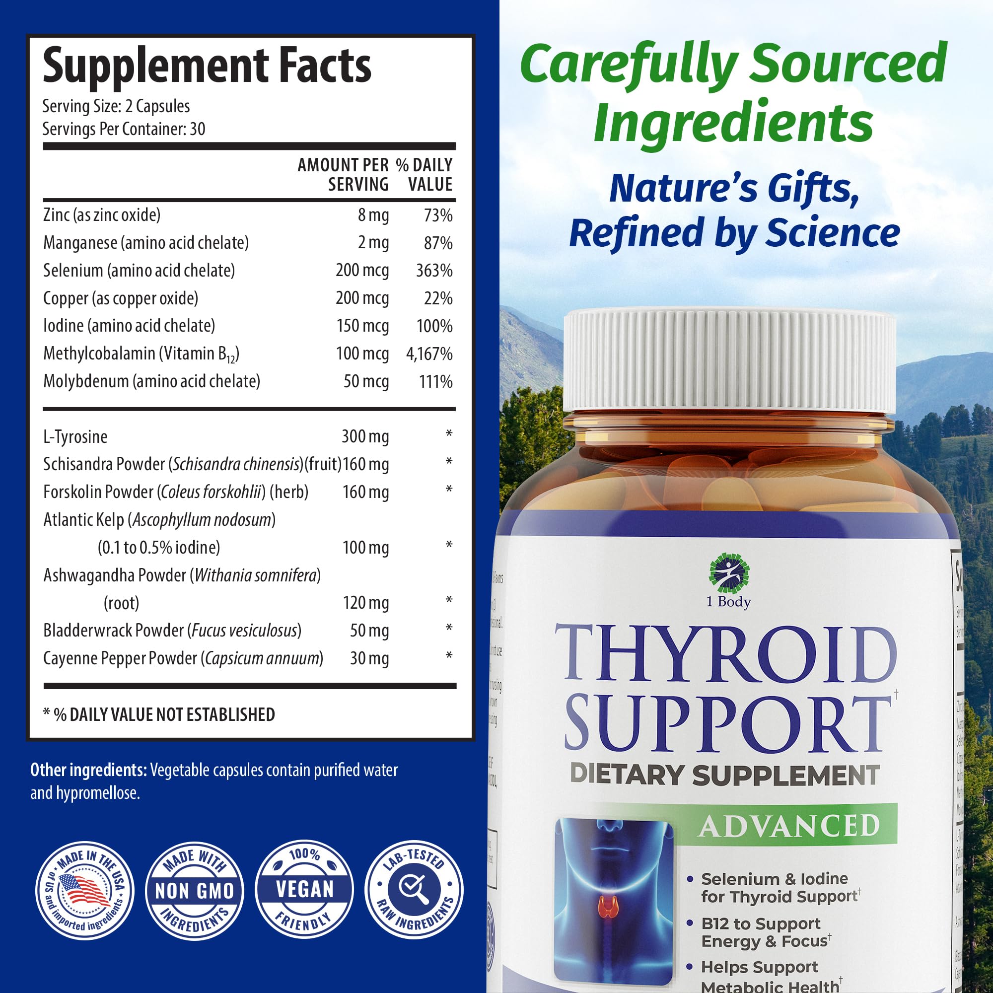 1 Body Thyroid Support for Women & Men, Iodine & Selenium Supplement | Supports healthy thyroid function, energy production, metabolism & daily wellness with essential nutrients.