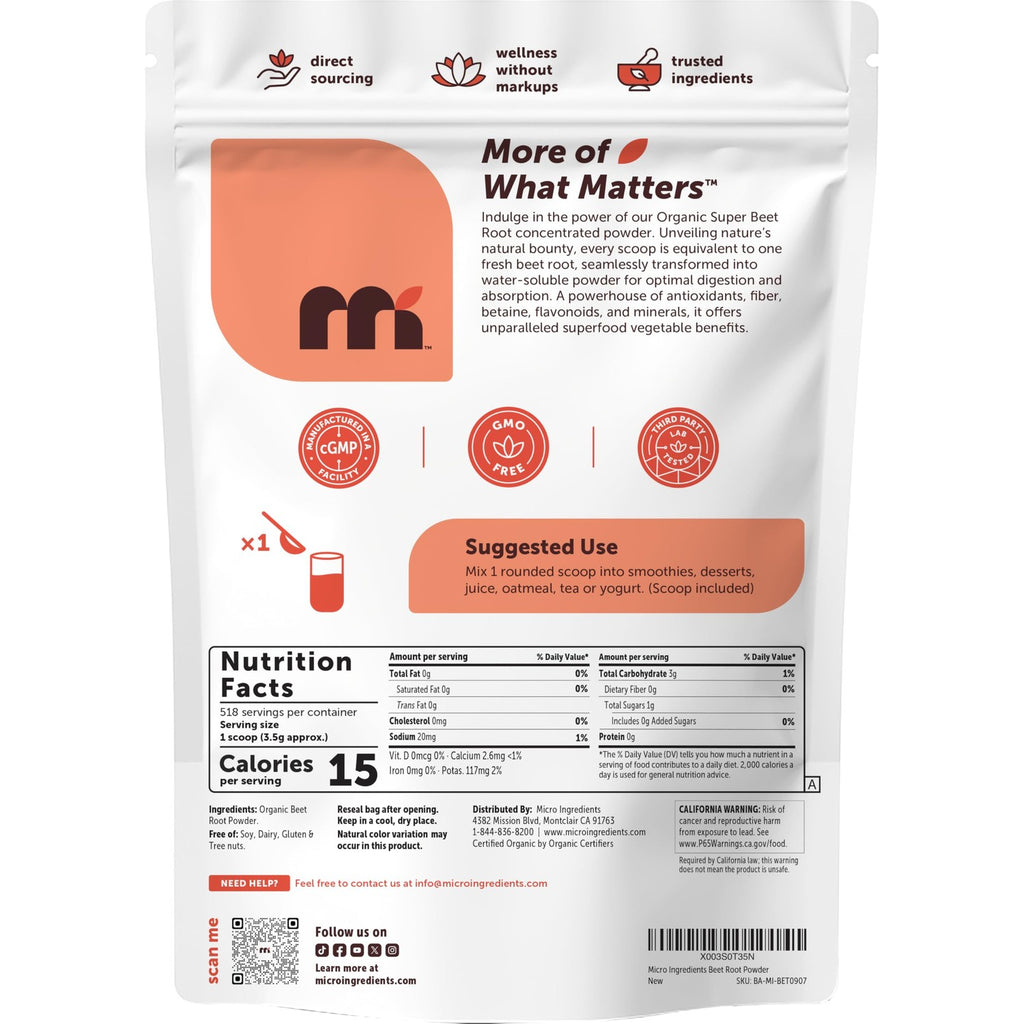 Micro Ingredients Organic Beet Root Powder, 4lb (64 oz) | Nitric Oxide Supplement, Water Soluble, Highly Concentrated Raw Beet Supplement, Superfood Drink Mix, Non-GMO, Plant Based