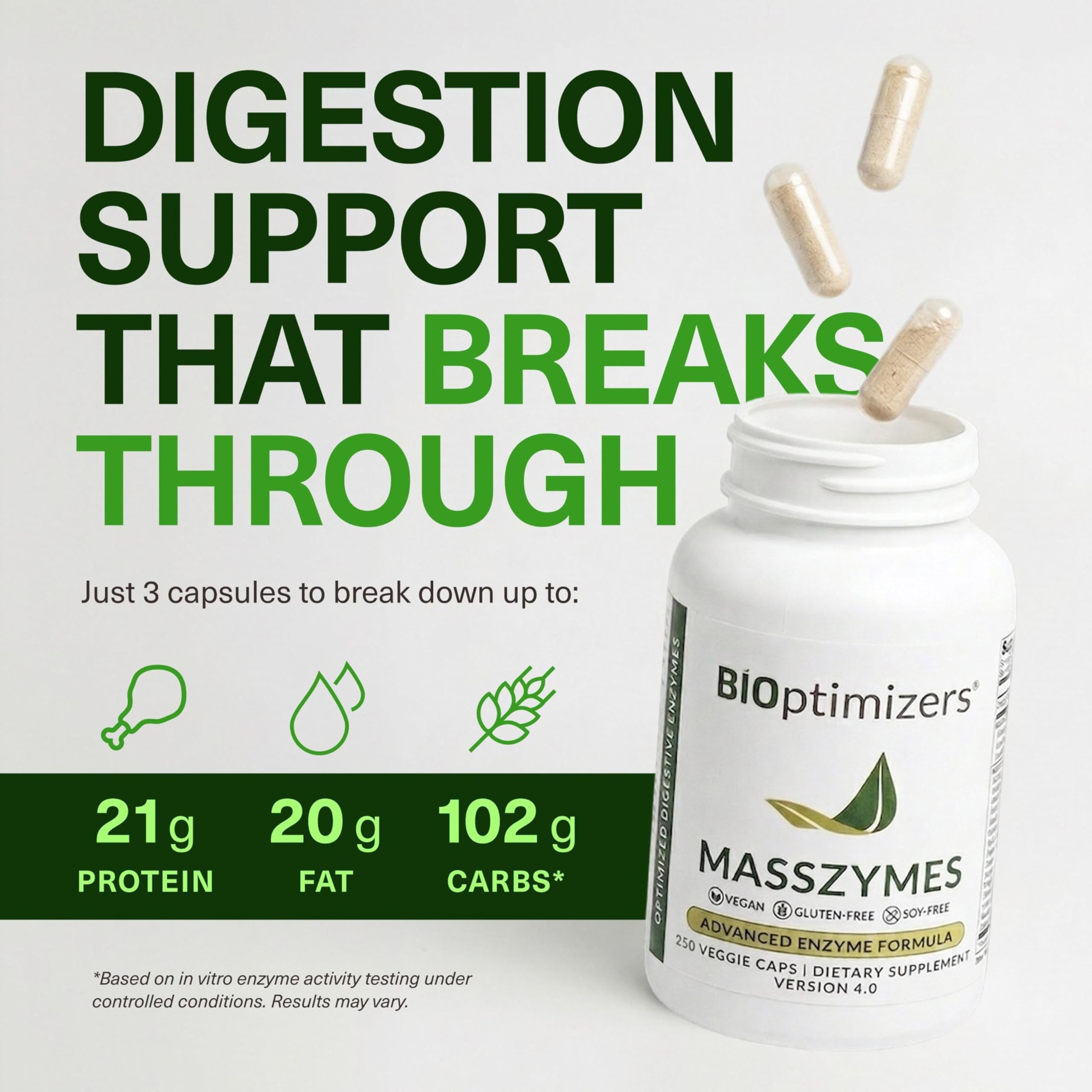BiOptimizers MassZymes - Complete Digestive Enzymes Supplement for Gut Health - Bloating Relief for Men and Women - Lipase Amylase Bromelain Digestive Enzymes (250 Capsules)