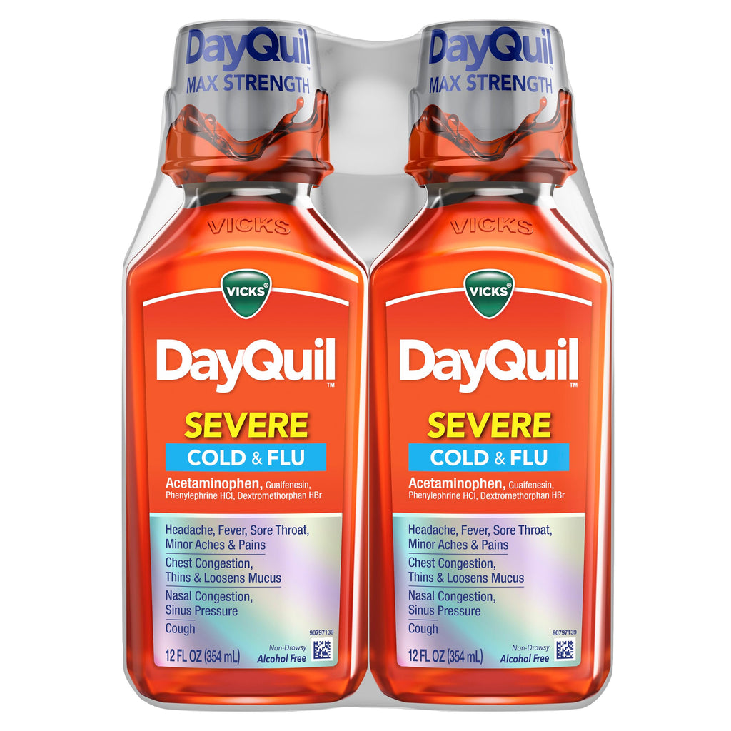 Buy now Vicks DayQuil Severe Cold & Flu Liquid Medicine, Daytime Relief for Headache, Fever, Sore Throat, Minor Aches & Pains, Chest Congestion, Stuffy Nose, Nasal Congestion, Sinus Pressure, & Cough, 2x12oz at indiglob india