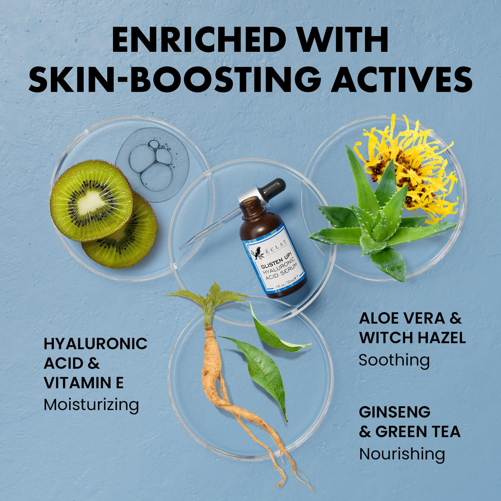 Buy now Eclat Skincare Hydrating Hyaluronic Acid Serum for Face – 2.5% Hyaluronic Acid + 3% B5, Green Tea & Jojoba Oil - Moisturizing & Plumping Formula for Radiant & Smoother Skin 1 Fl Oz at indiglob india