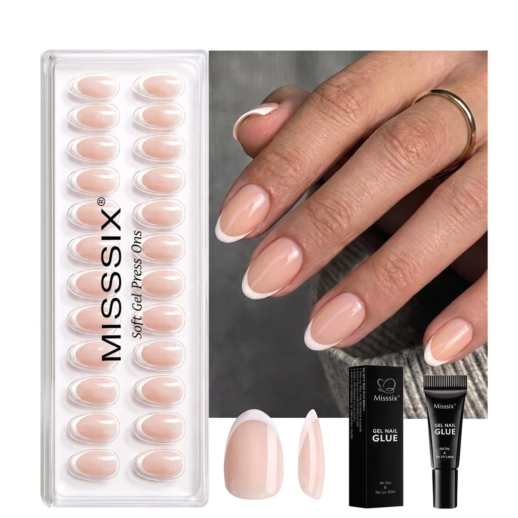 Premium imported Misssix short French tip press on nails in a chic nude shade, accompanied by gel nail glue.