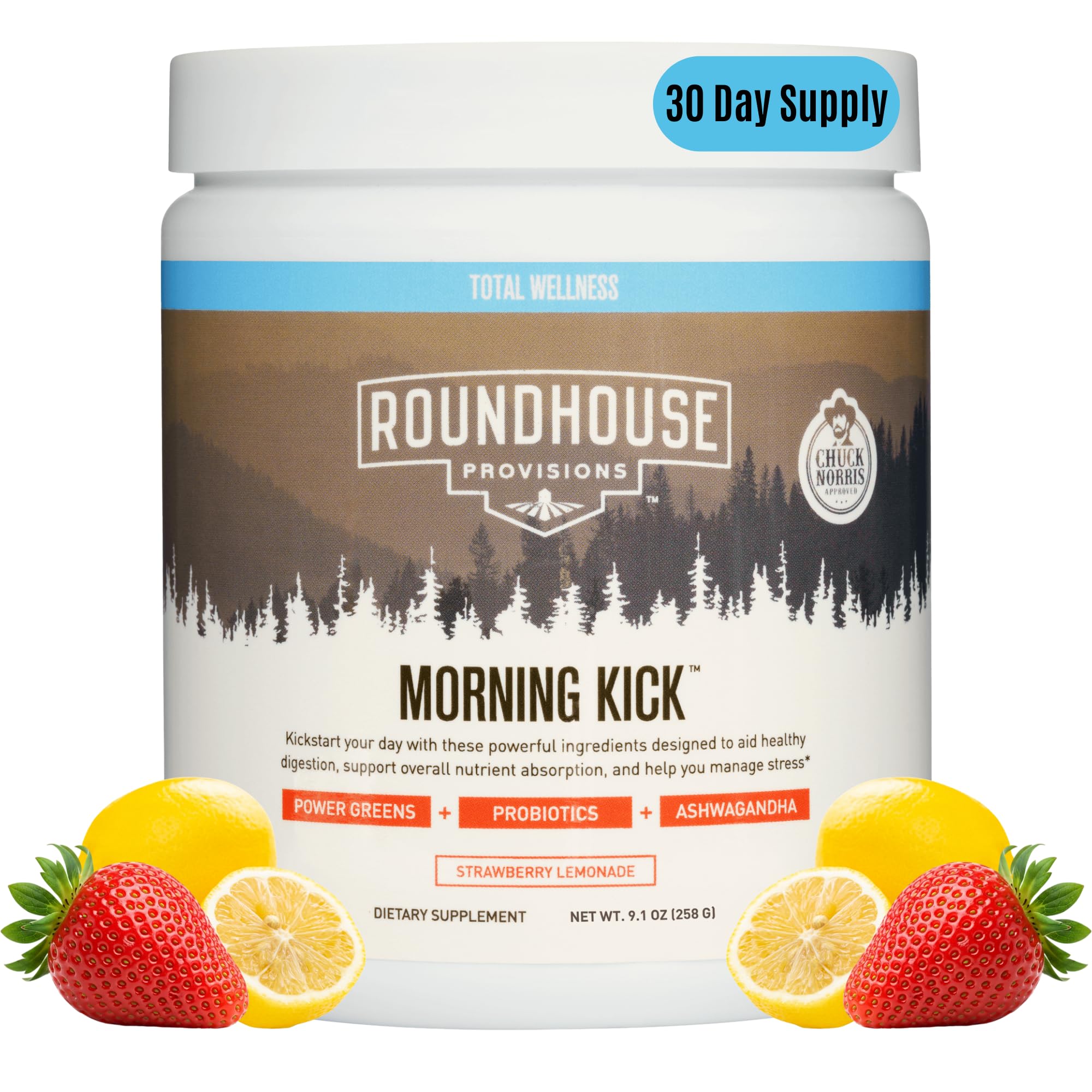 ROUNDHOUSE PROVISION Morning Kick Greens Powder, Watermelon Mint, 3 Pack | Greens Superfood Powder for Gut Health, Sugar Free, Caffeine Free, Ashwagandha, Collagen Peptides, Probiotics, Chuck Norris