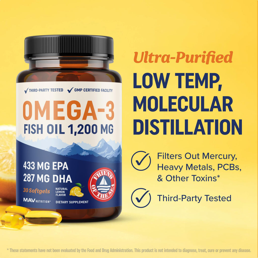 Triple Strength Omega 3 Fish Oil 1200 mg, EPA & DHA, Premium Wild Caught | Sustainably-Sourced Omega-3 Fatty Acids, Burpless Fish Oil Supplements, Clean Label Certified, 3rd-Party Tested, 30 Softgels