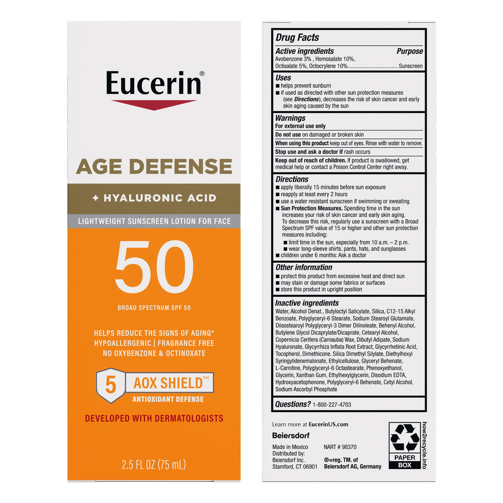 Eucerin Sun Age Defense Face Sunscreen Lotion SPF 50, 2.5 FL OZ | Face Sunscreen SPF 50 with Hyaluronic Acid for Age Defense, Invisible Finish, Hypoallergenic, Non-Comedogenic, Fragrance Free