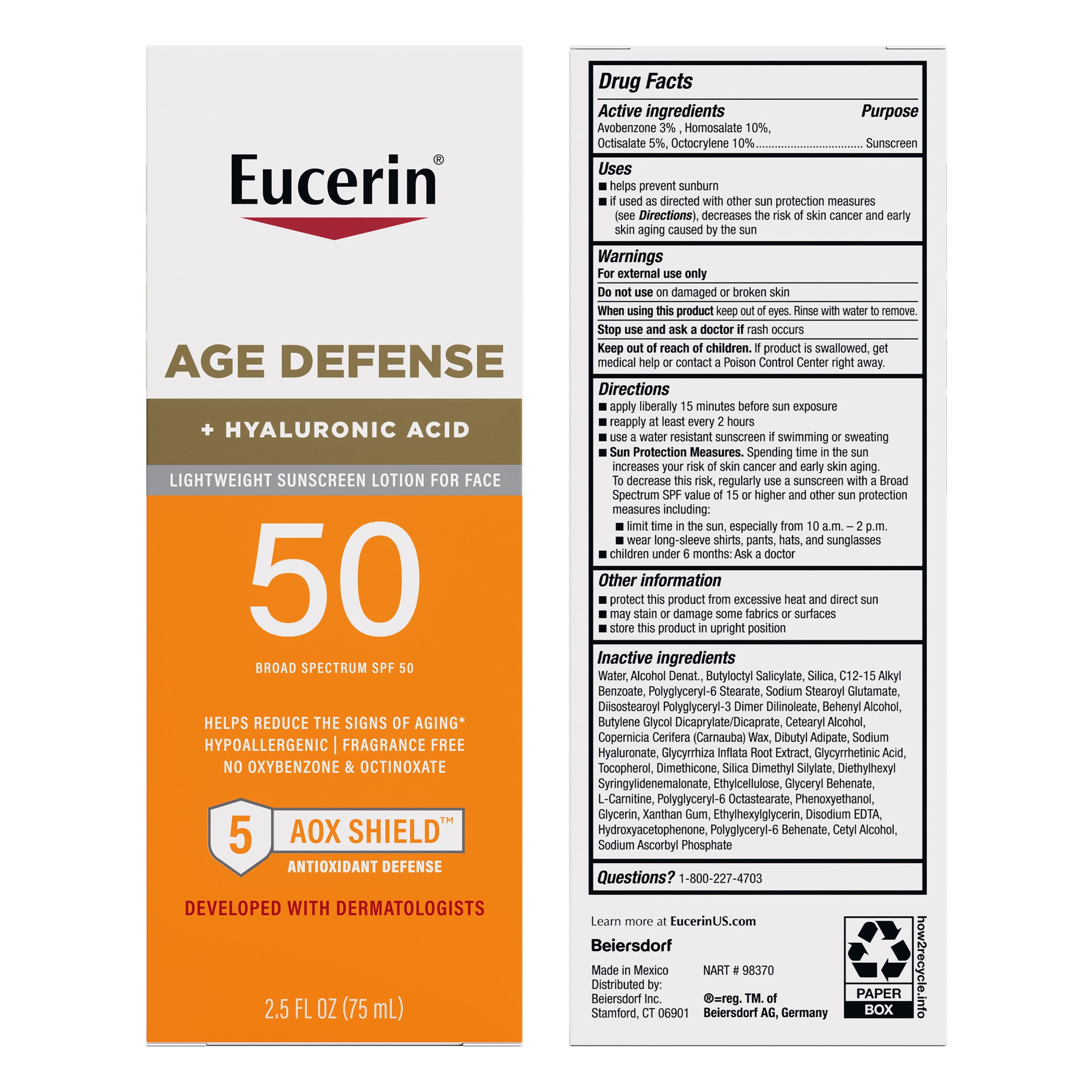 Eucerin Sun Age Defense Face Sunscreen Lotion SPF 50, 2.5 FL OZ | Face Sunscreen SPF 50 with Hyaluronic Acid for Age Defense, Invisible Finish, Hypoallergenic, Non-Comedogenic, Fragrance Free