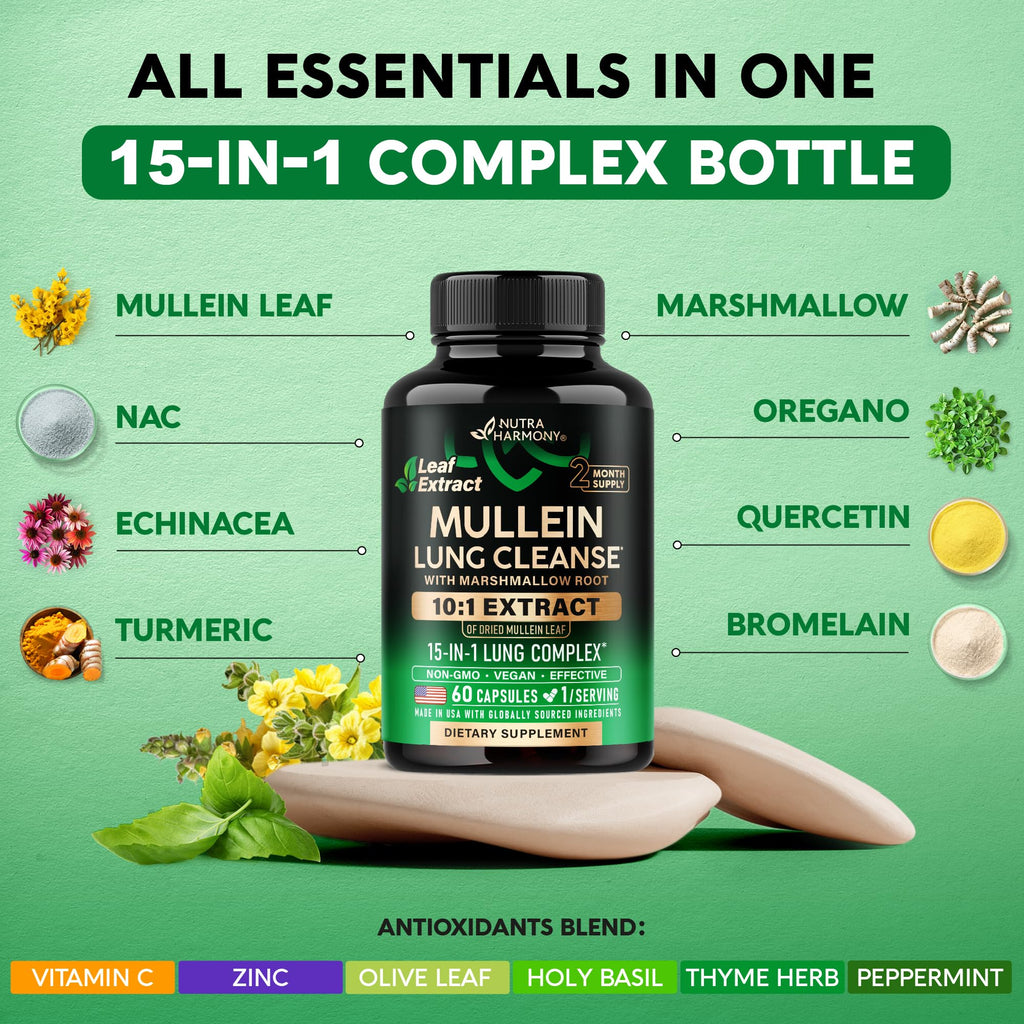 Mullein Lung Detox - Mullein Leaf 10:1 Extract Supplement - 60 Vegan Caps | Marshmallow Root | Echinacea | Quercetin | NAC - 15-in-1 Lung Support & Cleanse for Smokers Supplement - for Women & Men