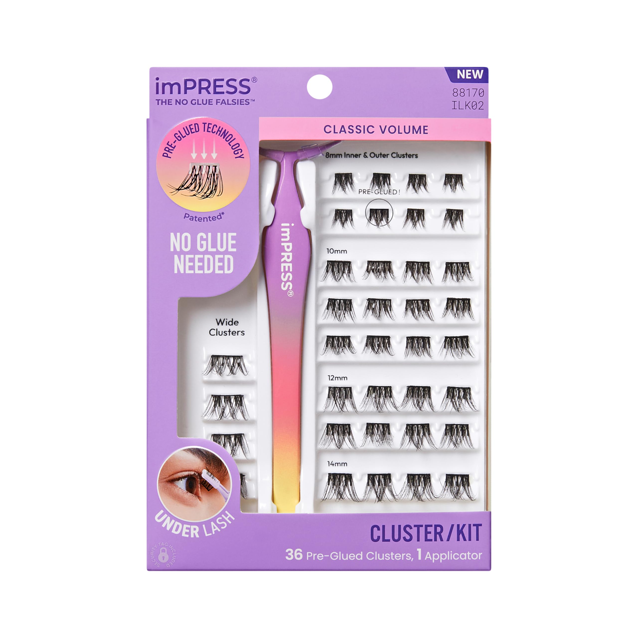 Kiss Impress Falsies Press On Self Adhesive Eyelashes, 12mm-14mm Glam Volume Press On Lashes, Black, No Glue Needed, Invisible Band, 20 Lash Clusters & Non-Stick Applicator - Spiky