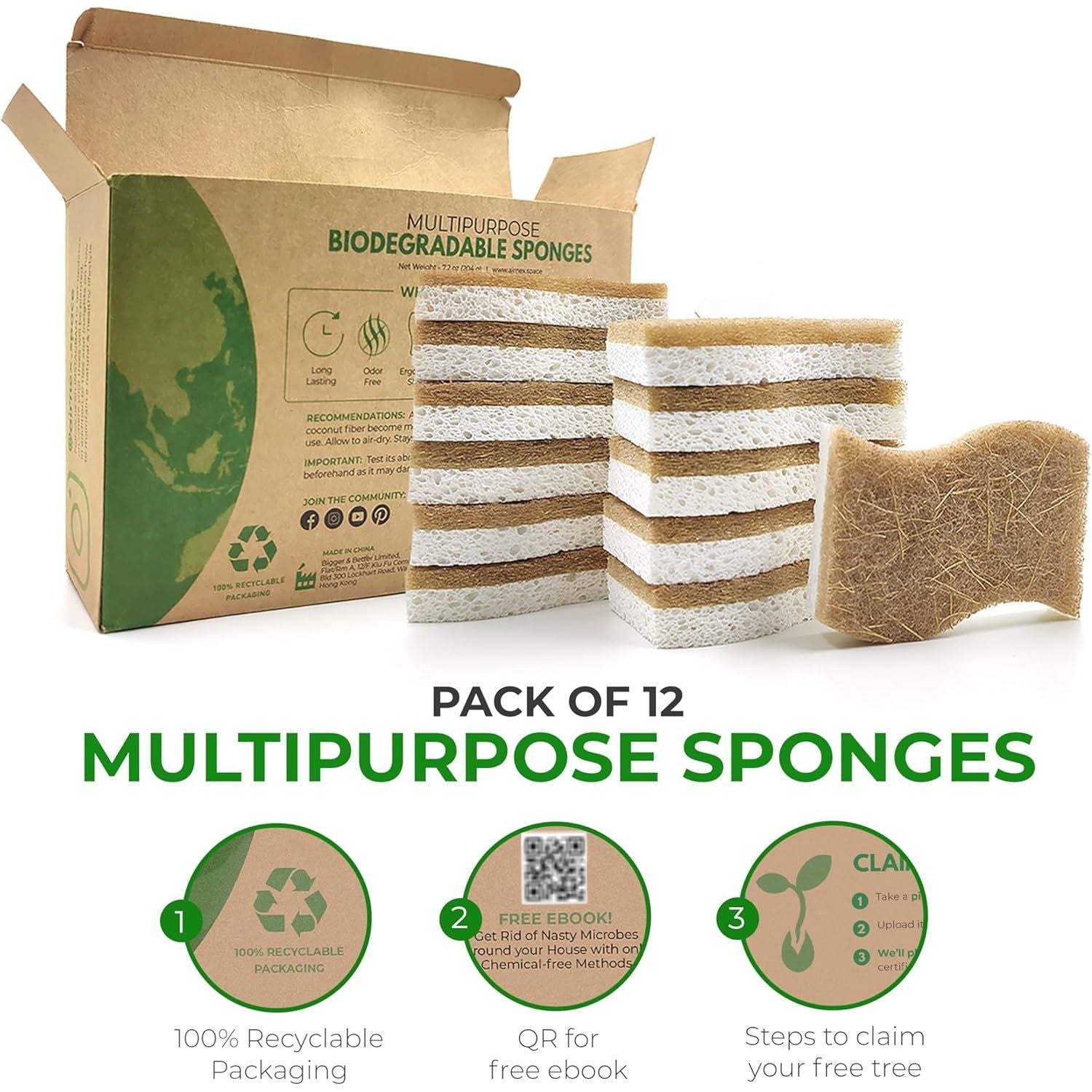 Buy now Biodegradable Natural Kitchen Sponge - Compostable Cellulose and Coconut Walnut Scrubber Sponge (12 Pack) at indiglob india