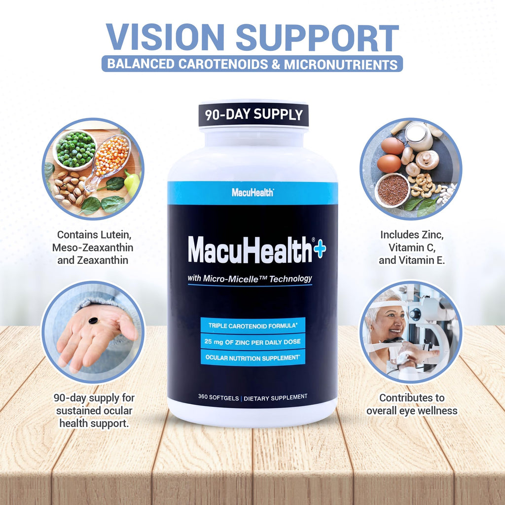 Macuhealth Plus+ Eye Vitamin Supplement for Adults - Lutein & Zeaxanthin | 90 days Supply, Carotenoid Formula, Unflavored Softgels, Meso-Zeaxanthin with Vitamin C & E, Zinc, Balanced carotenoids