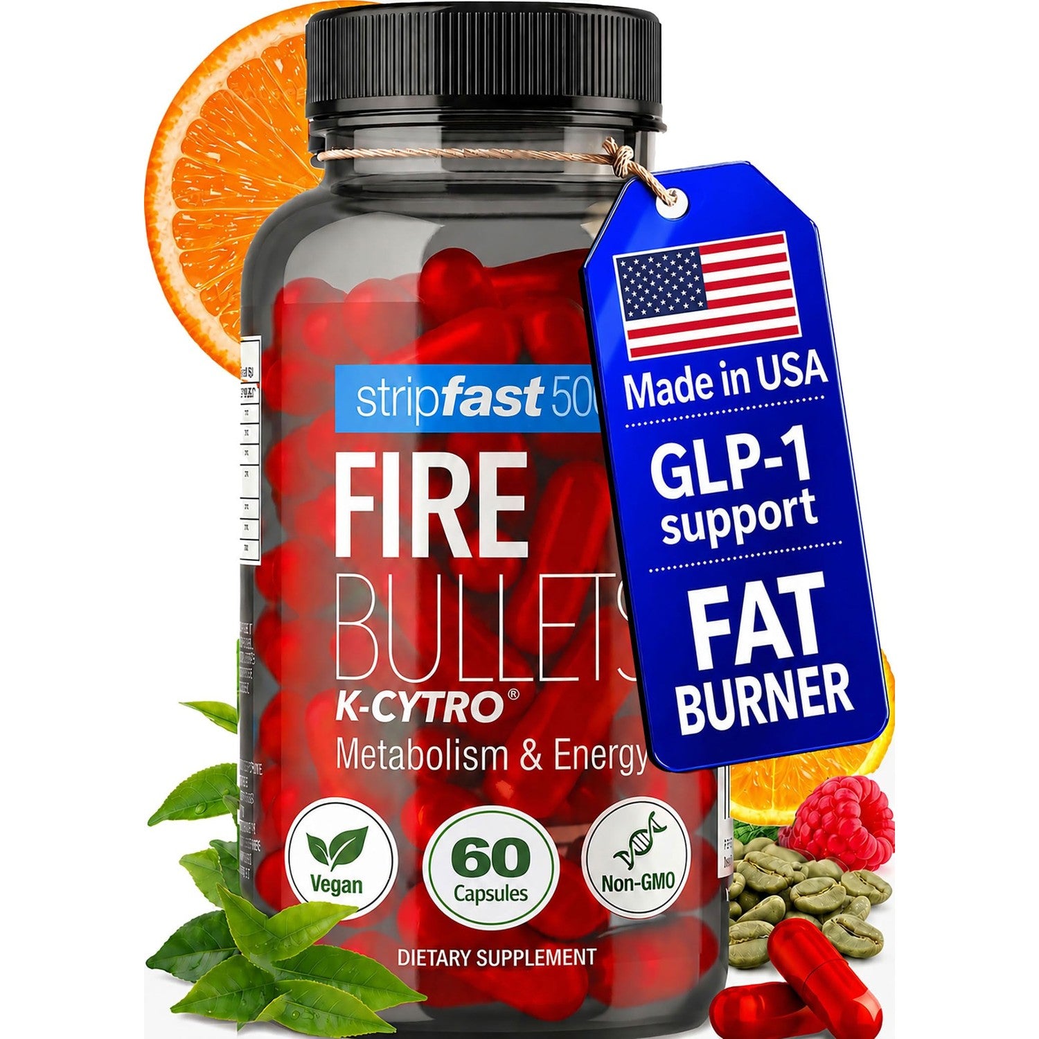 Fire Bullets Weight Loss Pills for Women & Men, Fat Burner GLP-1 Support, Appetite Suppressant, Diet Pills with Green Tea & Cayenne, 60 Capsules