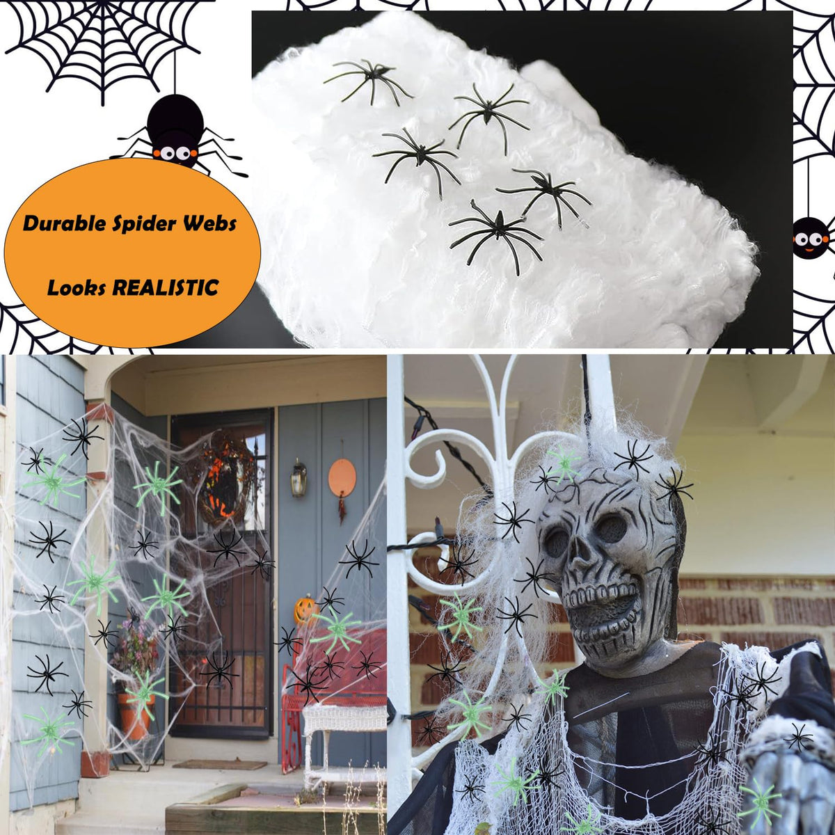 300 sqft Spider Webs Halloween Decorations, Super Stretchy Web Cobwebs with 10 Glow Fake and Creepy Black Spiders White Webbing Haunted House Party Supplies Spooky Home Office Yard Decor