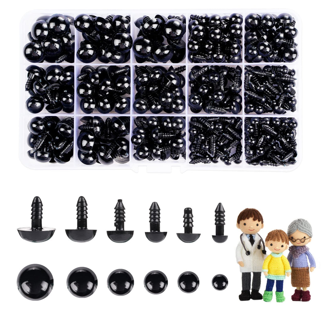 350 Pcs 6-14mm Safety Eyes for Crocheting with Washers and Size Tools Black Plastic Craft Safety Eyes for Amigurumi Doll Eyes for Stuffed Animals DIY Making Toy Crafts Decorations with Instructions