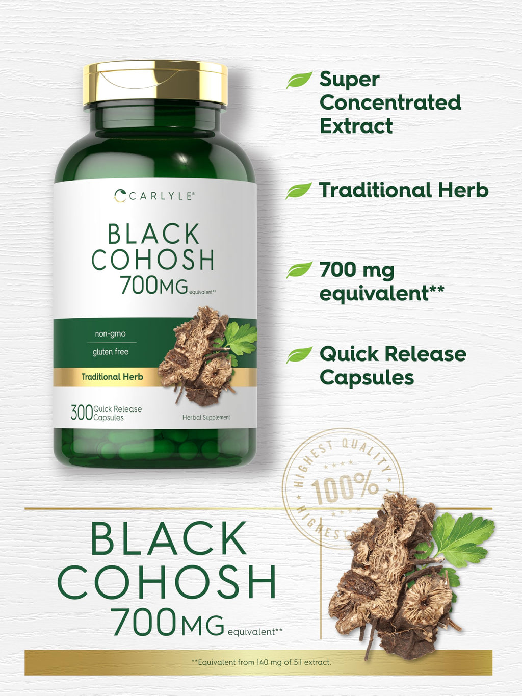 Carlyle Black Cohosh Capsules | 300 Count | Non-GMO, and Gluten Free Formula | Black Cohosh Root Extract Supplement