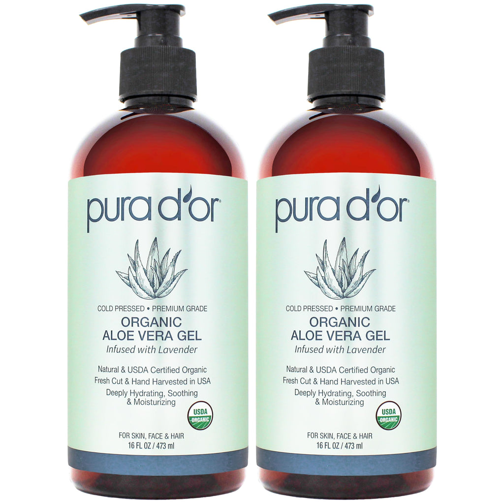 PURA D'OR ORGANIC Aloe Vera Gel Soothing Moisturizer, Lavender, 16oz | Fast-Absorbing, After-Sun Care, USDA Certified, Hydrating, Non-Sticky, Zero Artificial Preservatives, Vegan, Face, Hair, Body