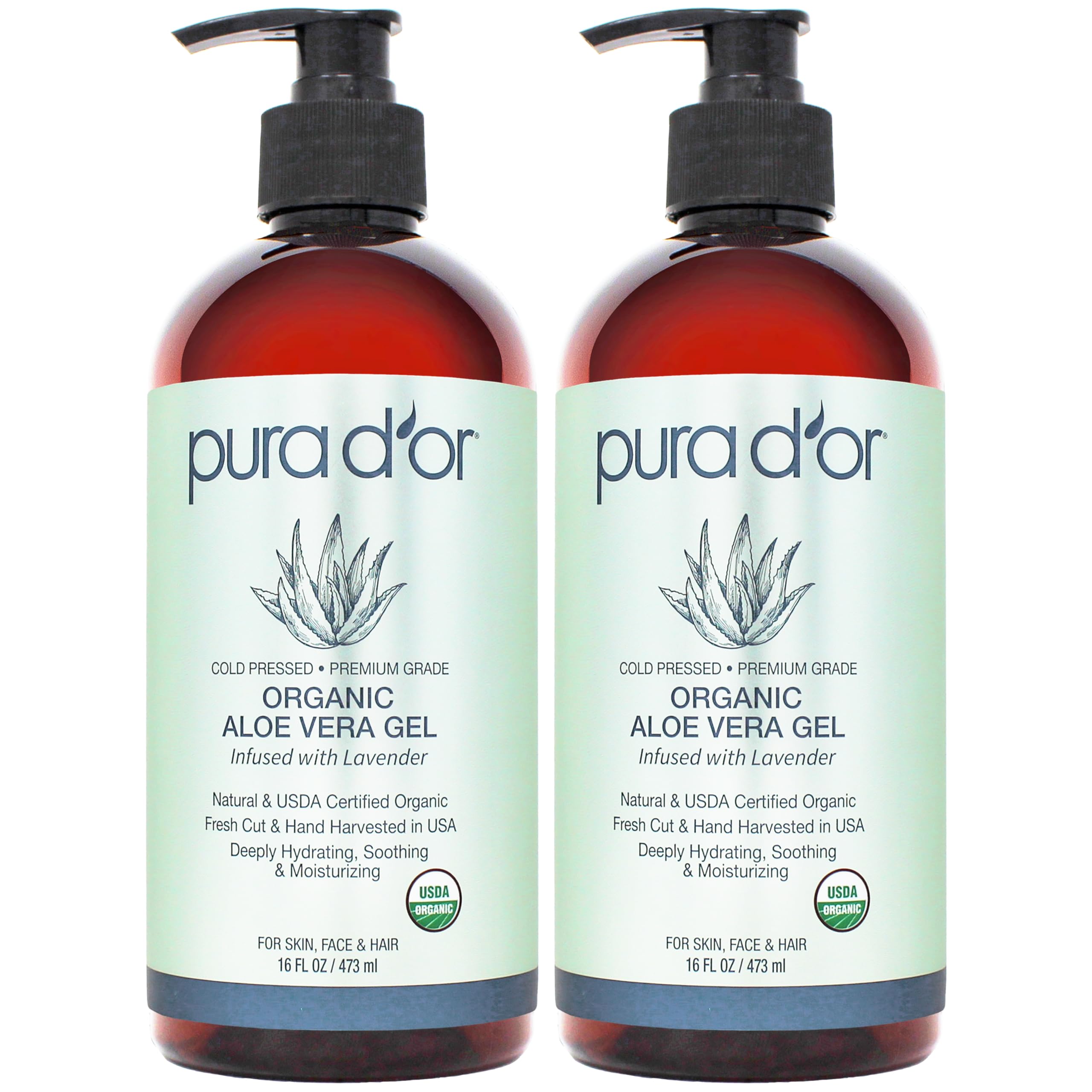 PURA D'OR ORGANIC Aloe Vera Gel Soothing Moisturizer, Lavender, 16oz | Fast-Absorbing, After-Sun Care, USDA Certified, Hydrating, Non-Sticky, Zero Artificial Preservatives, Vegan, Face, Hair, Body