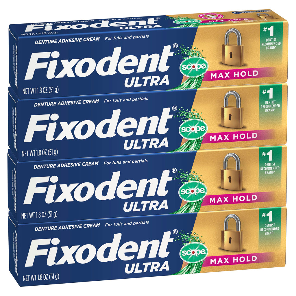 Ultra Max Hold Plus Scope Secure Denture Adhesive for Full and Partial Denture Wearers, Blue, 1.8oz 4 Pack