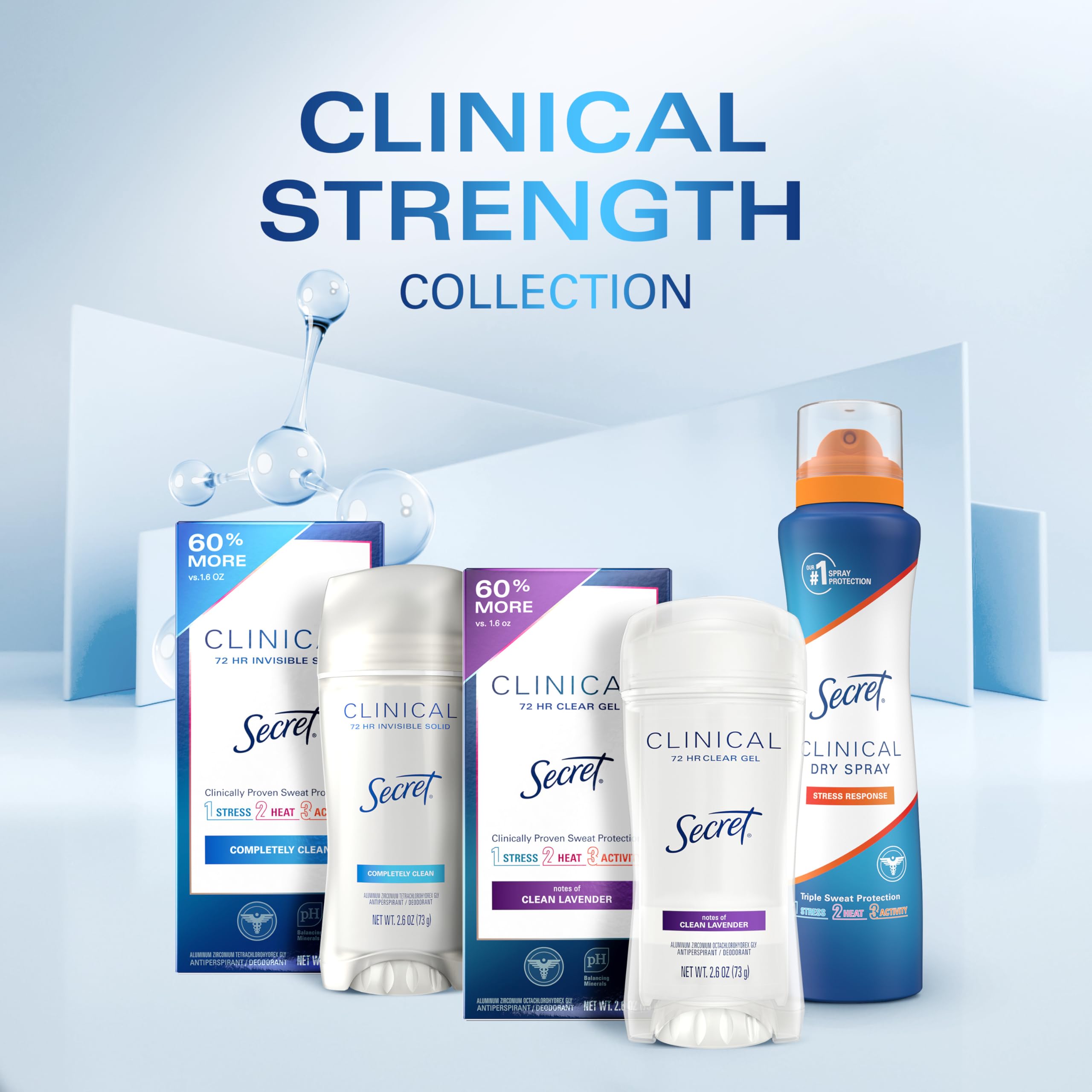Secret Clinical Strength Dry Spray Antiperspirant Deodorant for Women, 3X Stress Protection, 72hr Sweat & Odor Protection, PH Balancing Minerals, Completely Clean Scent, 3.8 oz