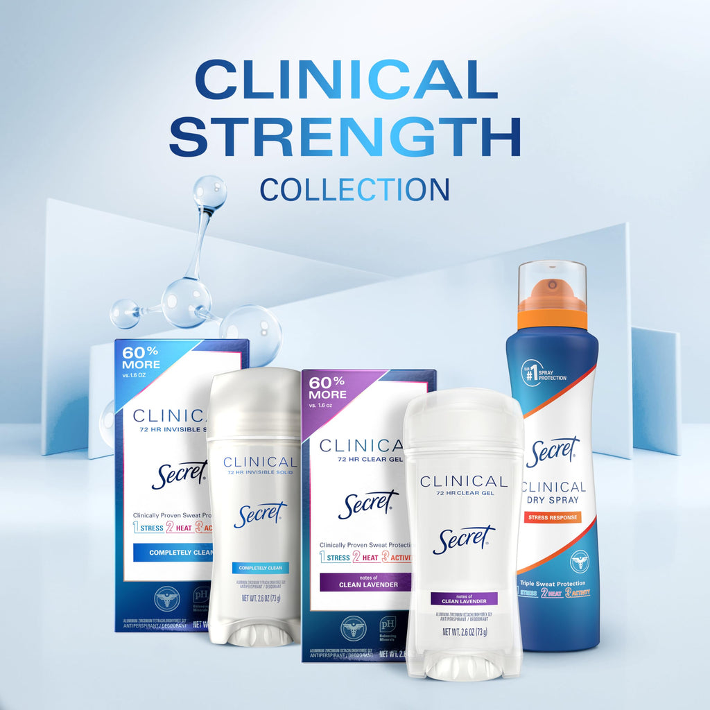 Secret Clinical Strength Dry Spray Antiperspirant Deodorant for Women, 3X Stress Protection, 72hr Sweat & Odor Protection, PH Balancing Minerals, Completely Clean Scent, 3.8 oz