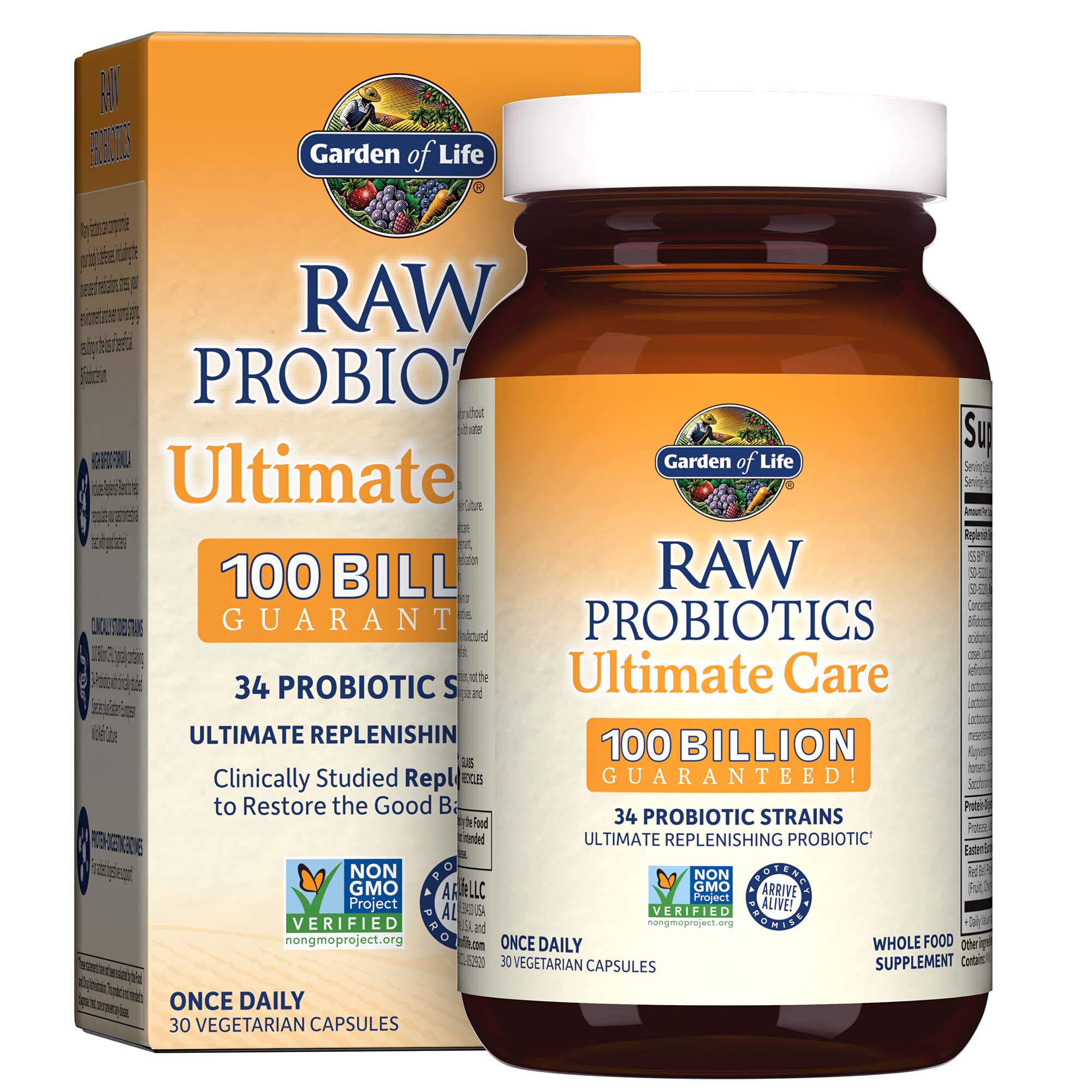Garden of Life Raw Probiotics for Women and Men with Digestive Enzymes, 100 Billion CFU, Clinically Studied Strains, Shelf Stable, 30 Capsules