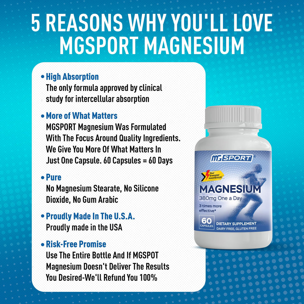 MGSPORT Magnesium Supplement 380mg, 60 Servings | High Intracellular Absorption Complex Formula, With Vitamins B6, D, E, Supports Muscle Function, Supports Sleep Quality