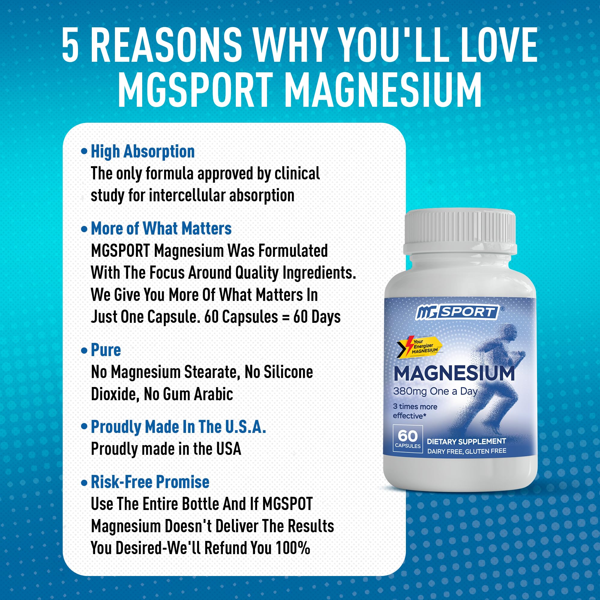 MGSPORT Magnesium Supplement 380mg, 60 Servings | High Intracellular Absorption Complex Formula, With Vitamins B6, D, E, Supports Muscle Function, Supports Sleep Quality