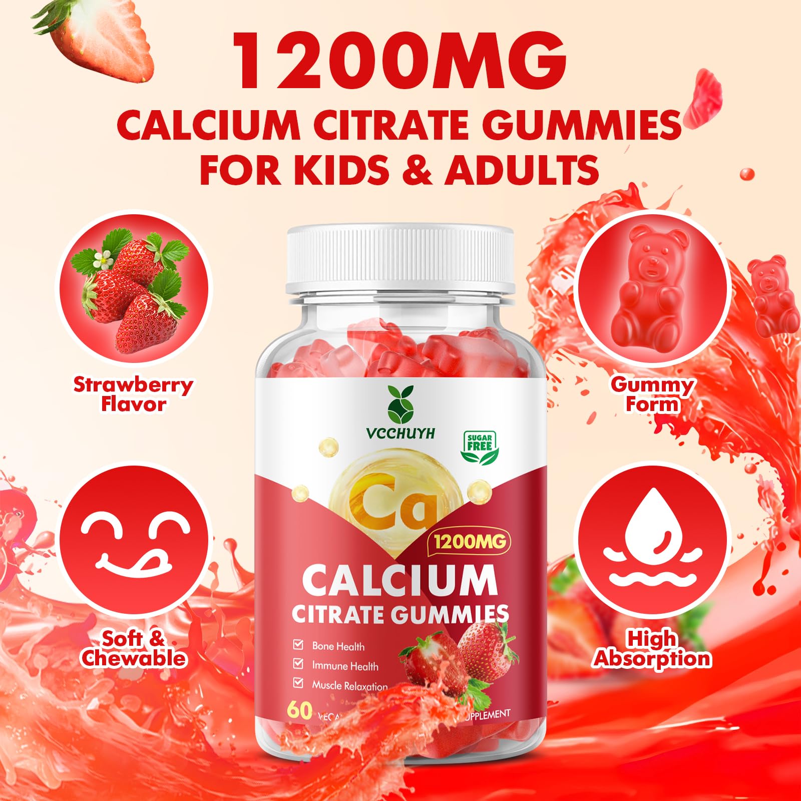 Calcium Citrate Gummies 1200mg, Chewable Calcium Supplements for Women & Men, Sugar Free Calcium Gummies for Bone, Muscle & Immune Support, Strawberry Flavor 60 Count