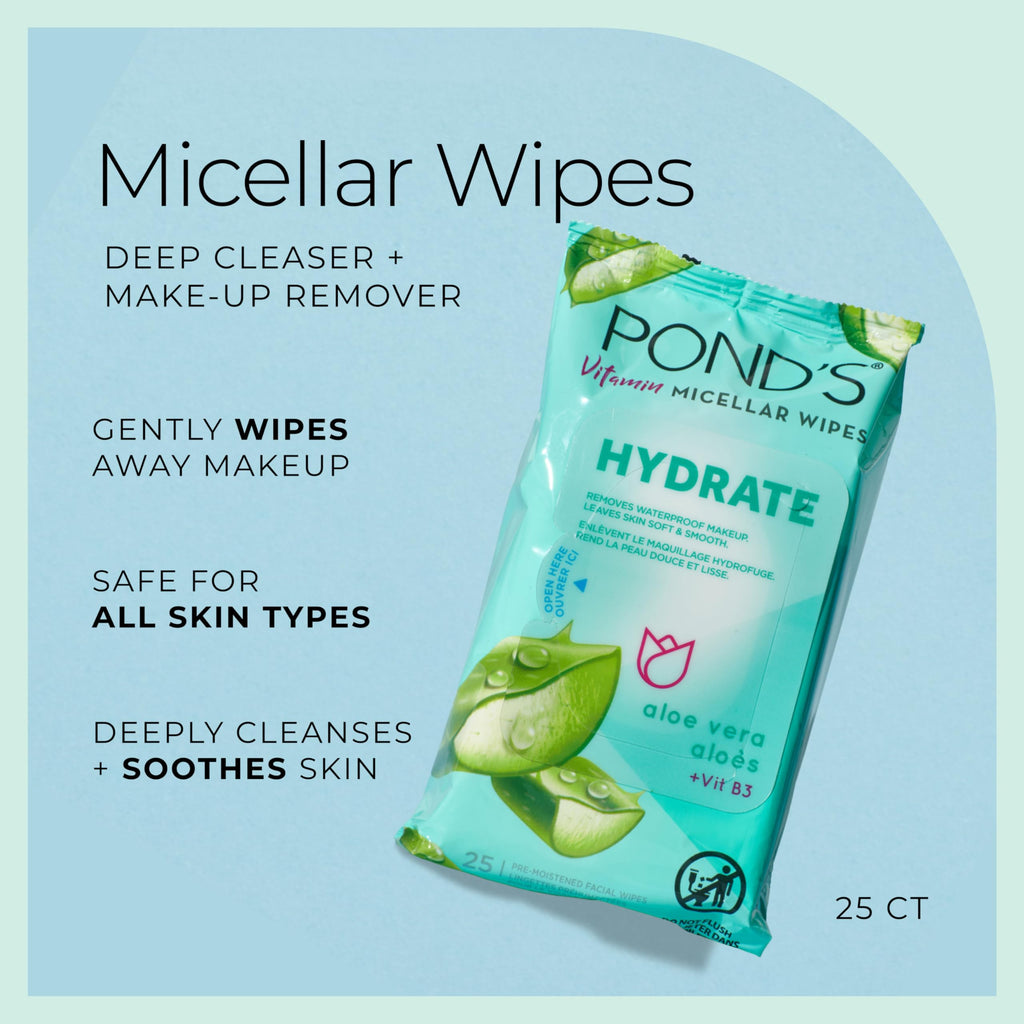 POND’S Micellar Makeup Remover Wipes, Removes Waterproof Mascara, with Aloe Vera & Vitamin B3, Alcohol-Free Facial Cleansing Wipes for Dry Skin, 25 Count