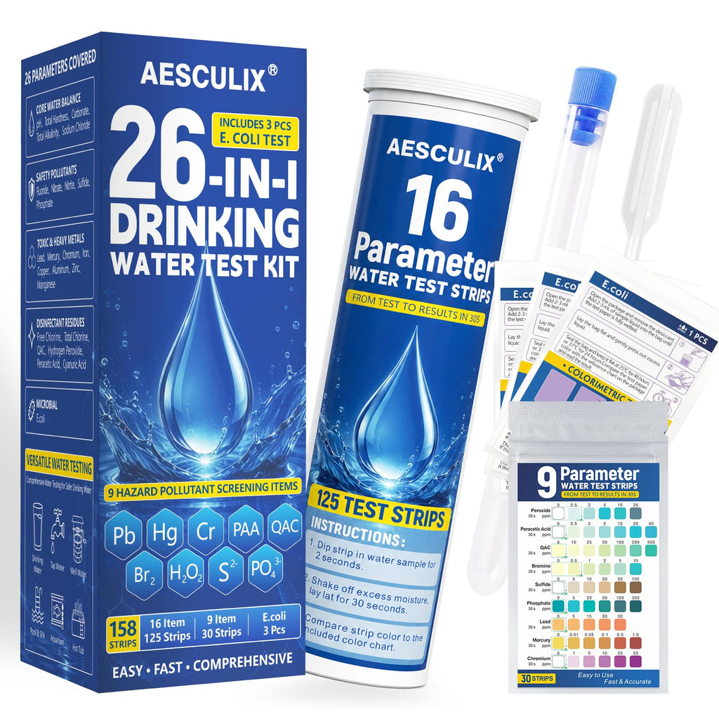 26 in 1 Water Test Kit for Drinking Water 158 Strips, Upgraded Home Water Testing Strips for Well & Tap Water, Detects Hardness, Chlorine, pH, Lead, Iron, Copper & Multiple Water Quality Contaminants